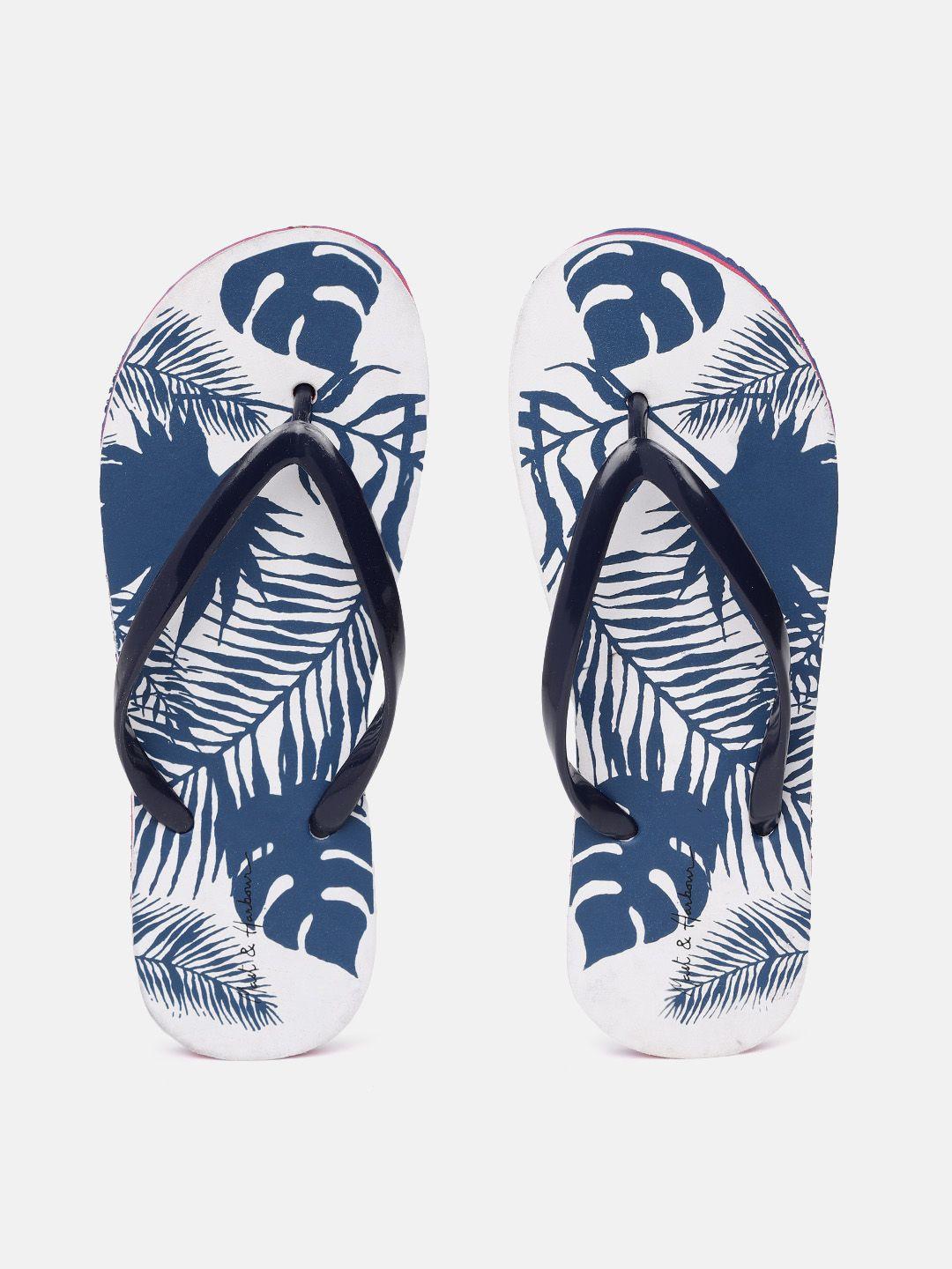 mast & harbour women blue & white tropical print thong flip-flops