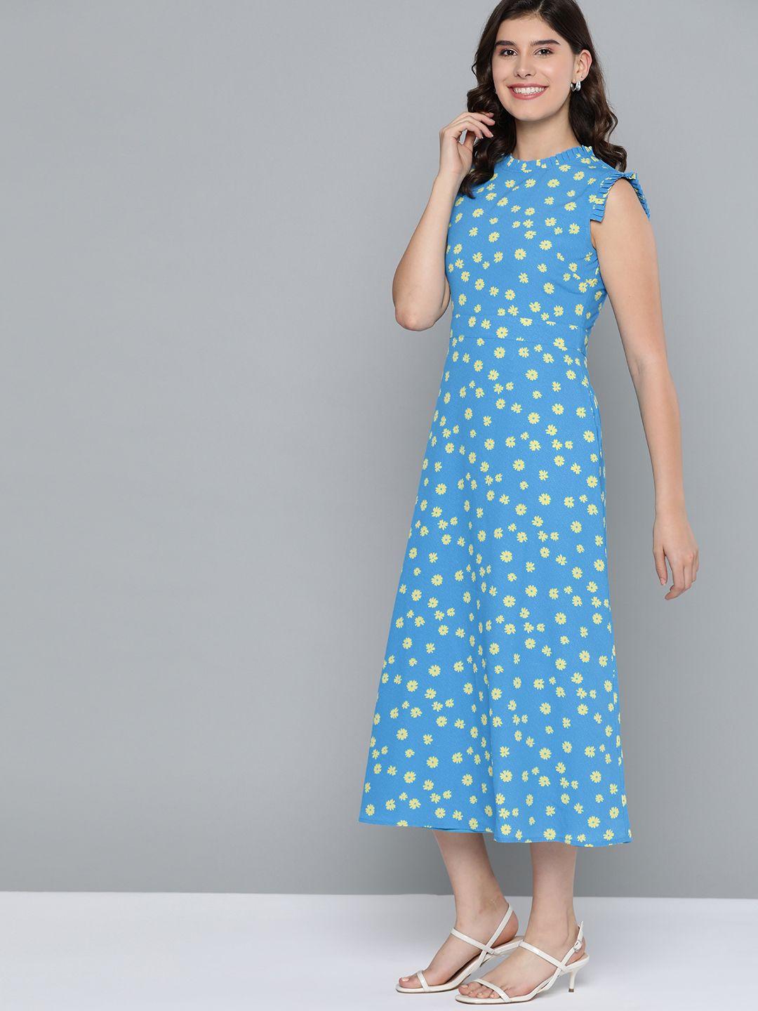 mast & harbour women blue & yellow floral printed a-line dress