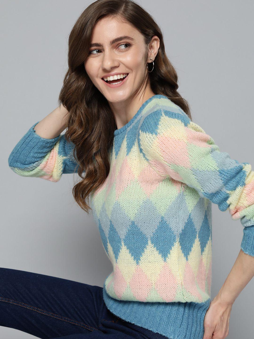 mast & harbour women blue & yellow printed pullover