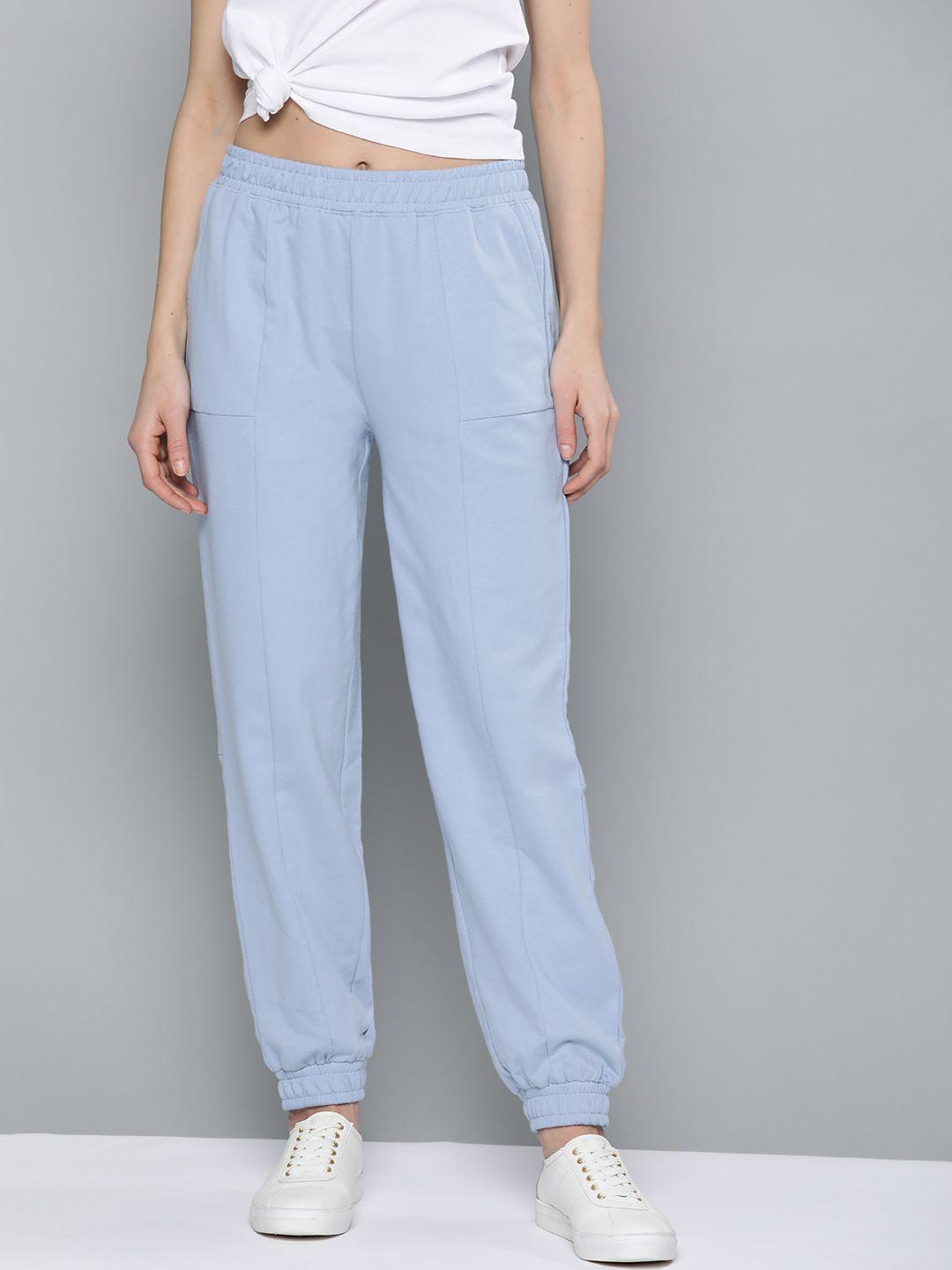 mast & harbour women blue pure cotton solid relaxed fit joggers