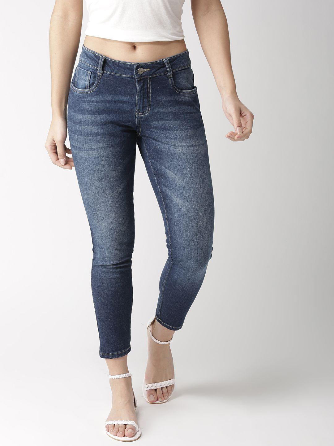 mast & harbour women blue skinny fit mid-rise clean look stretchable cropped jeans