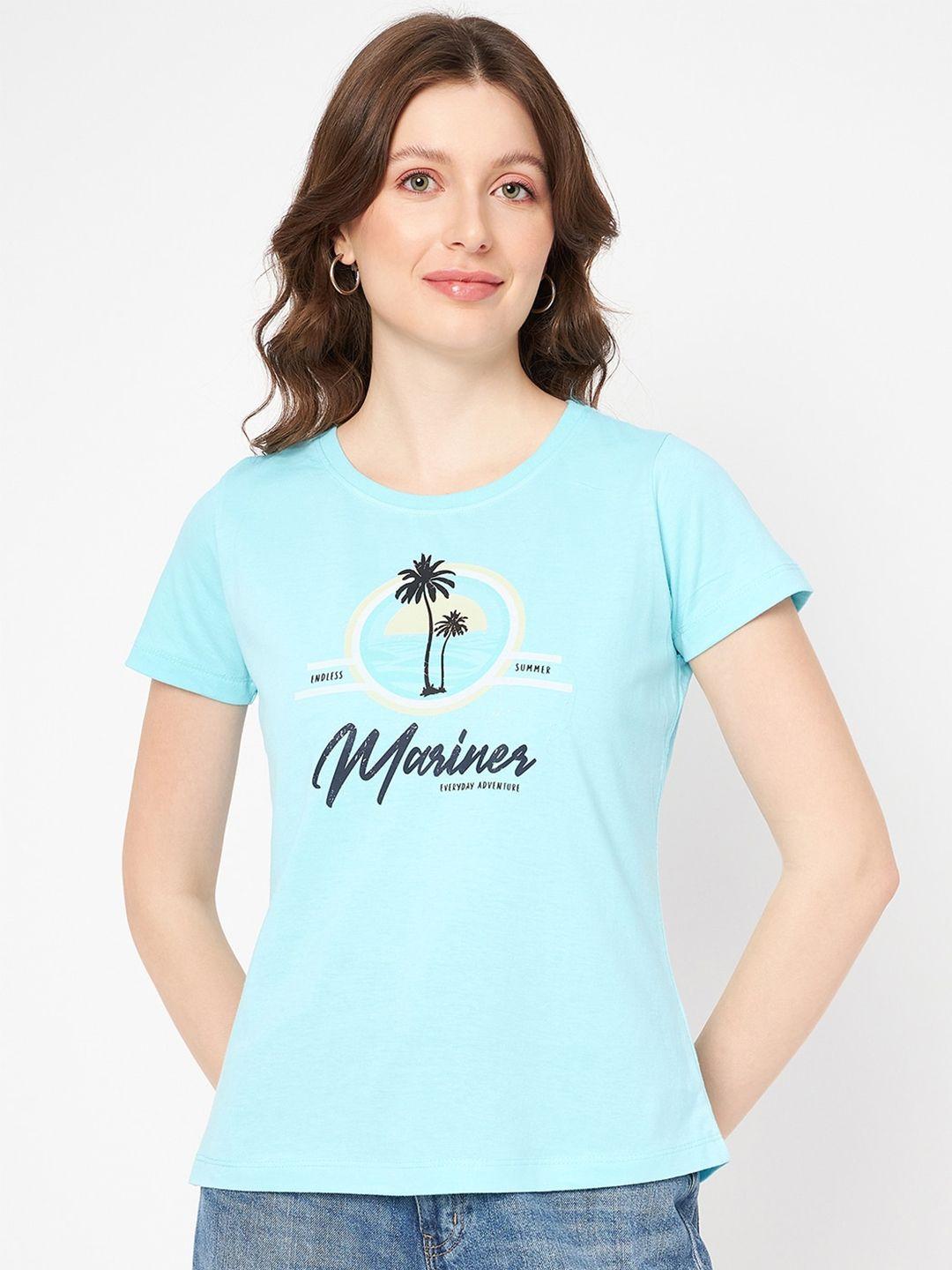 mast & harbour women blue typography printed pure cotton applique t-shirt