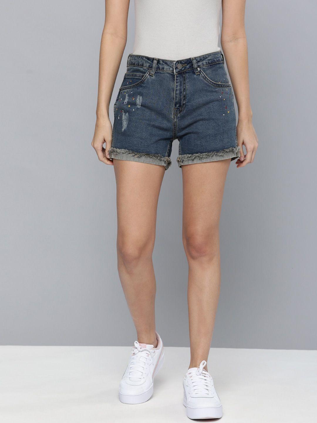 mast & harbour women blue washed distressed regular fit denim shorts