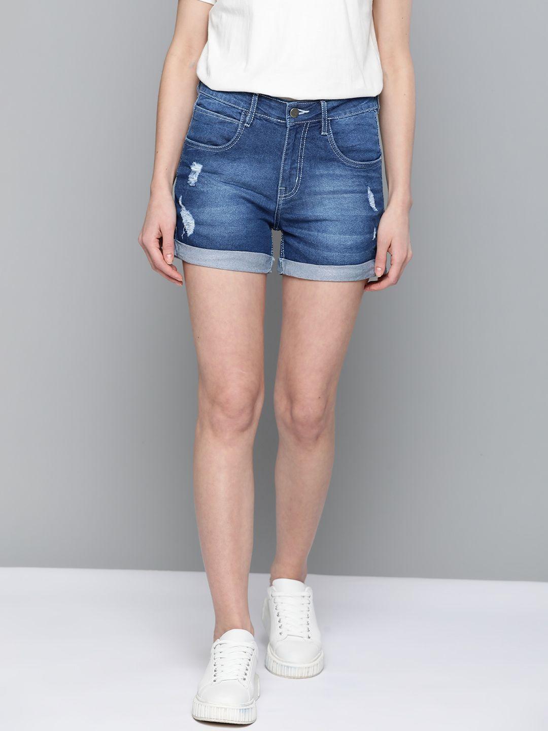 mast & harbour women blue washed distressed regular fit denim shorts