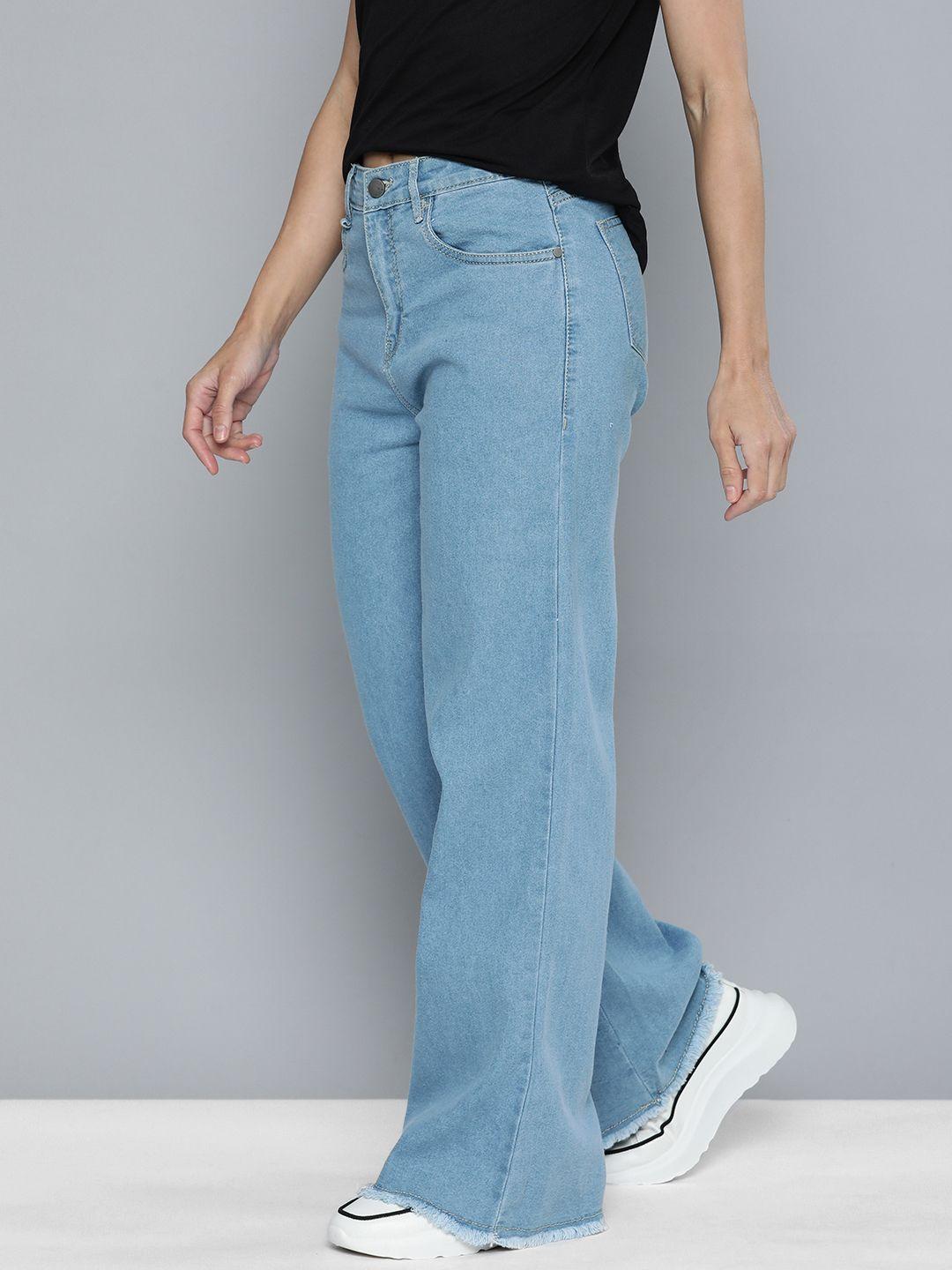 mast & harbour women blue wide leg high-rise stretchable casual jeans