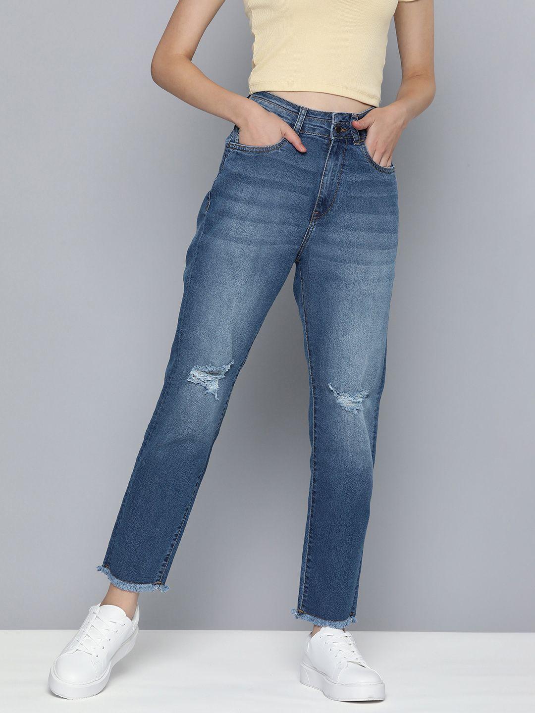 mast & harbour women boyfriend fit high-rise heavy fade stretchable jeans with raw hem