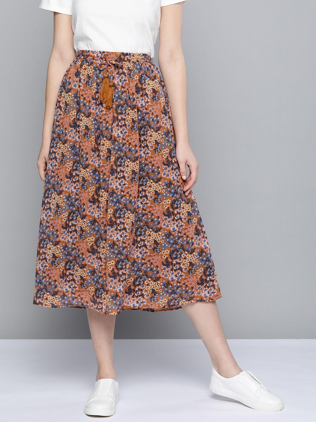 mast & harbour women brown & blue floral print a-line midi skirt