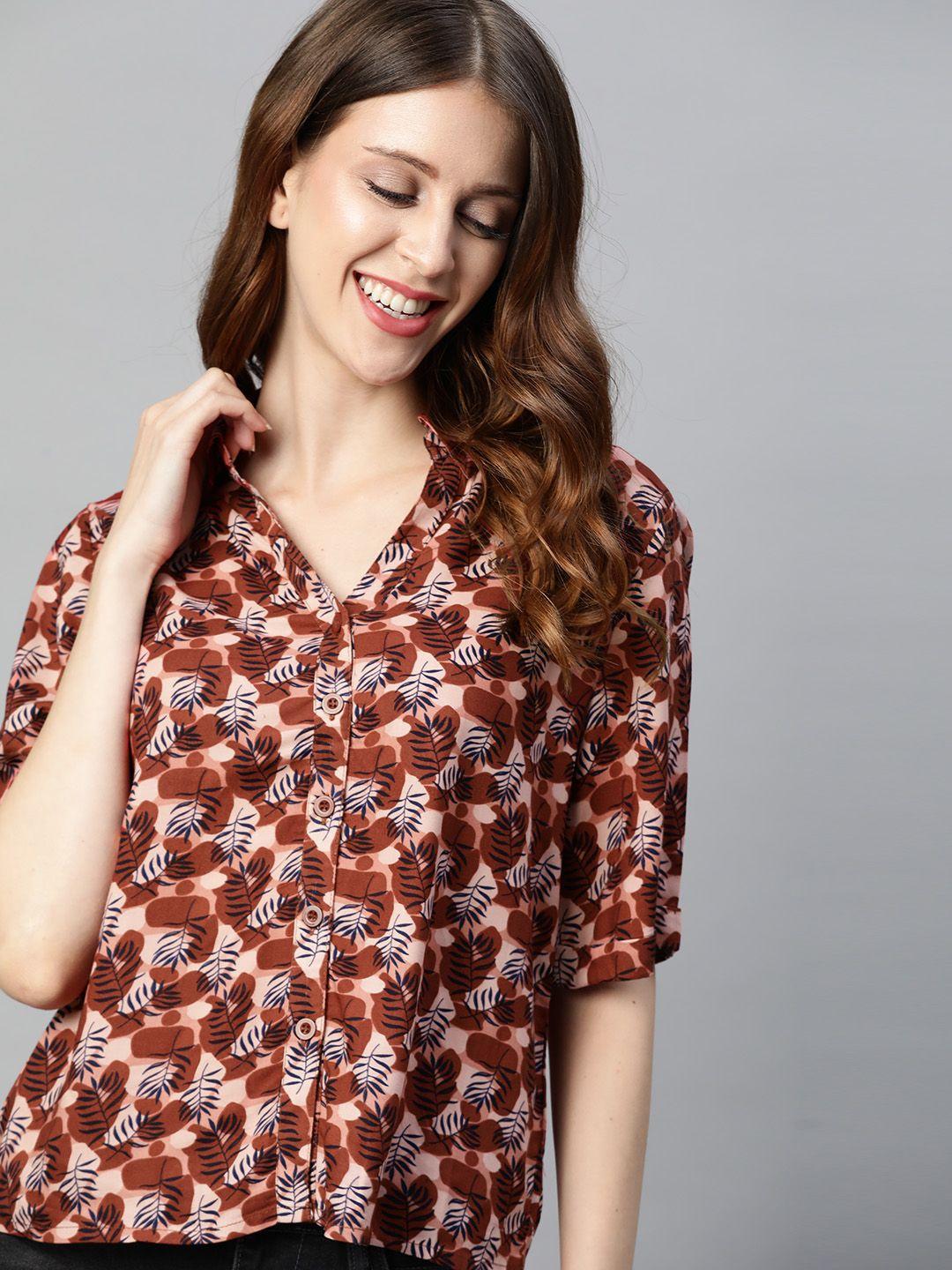 mast & harbour women brown floral print casual shirt