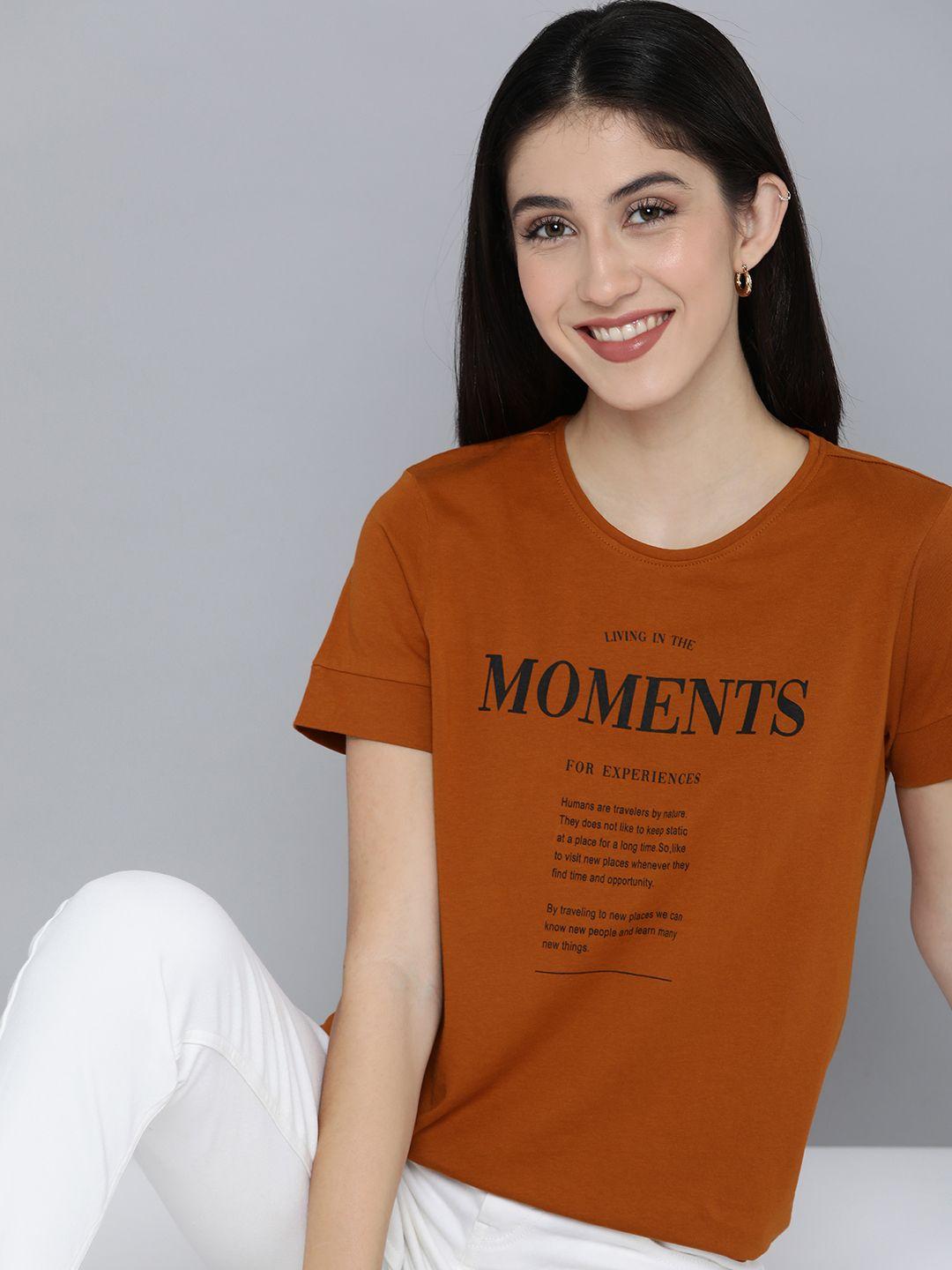 mast & harbour women brown typography printed pure cotton t-shirt