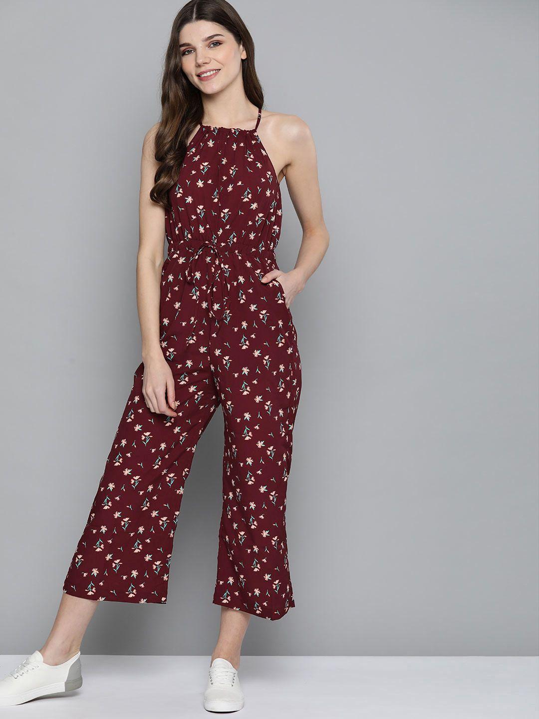 mast & harbour women burgundy & peach-coloured printed basic jumpsuit