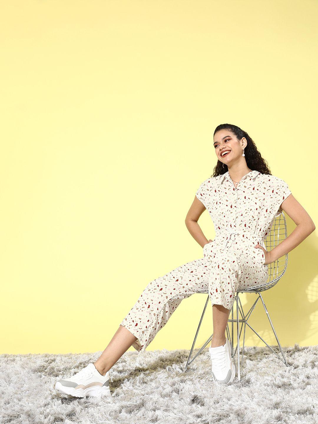 mast & harbour women classic white printed cinched waist jumpsuit