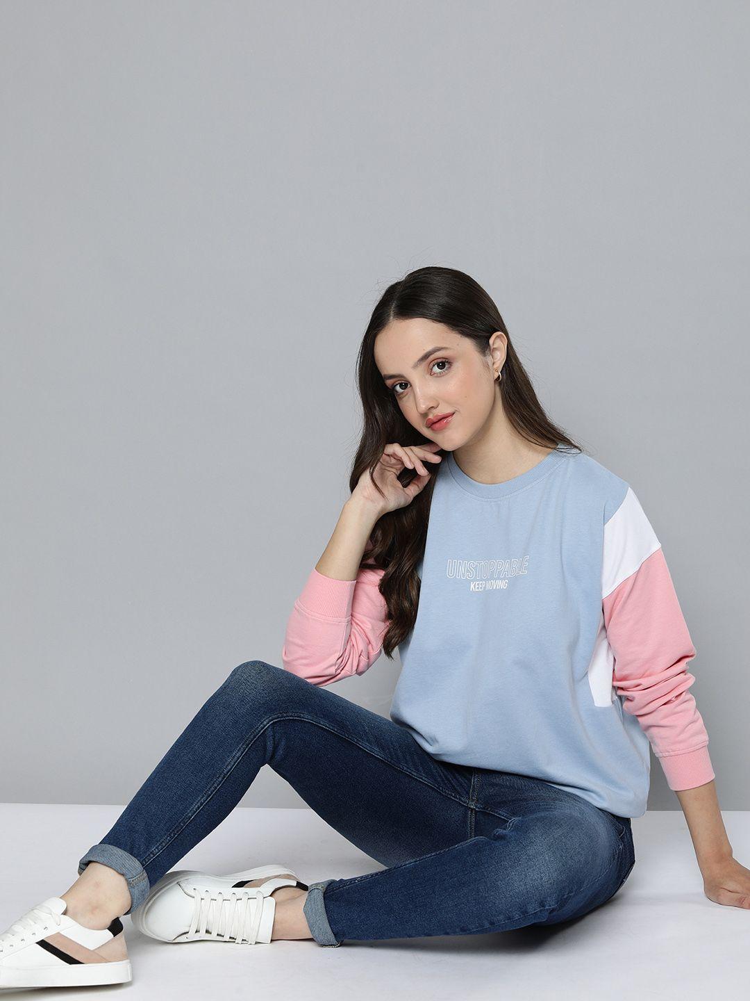 mast & harbour women colourblocked and printed pure cotton pullover sweatshirt