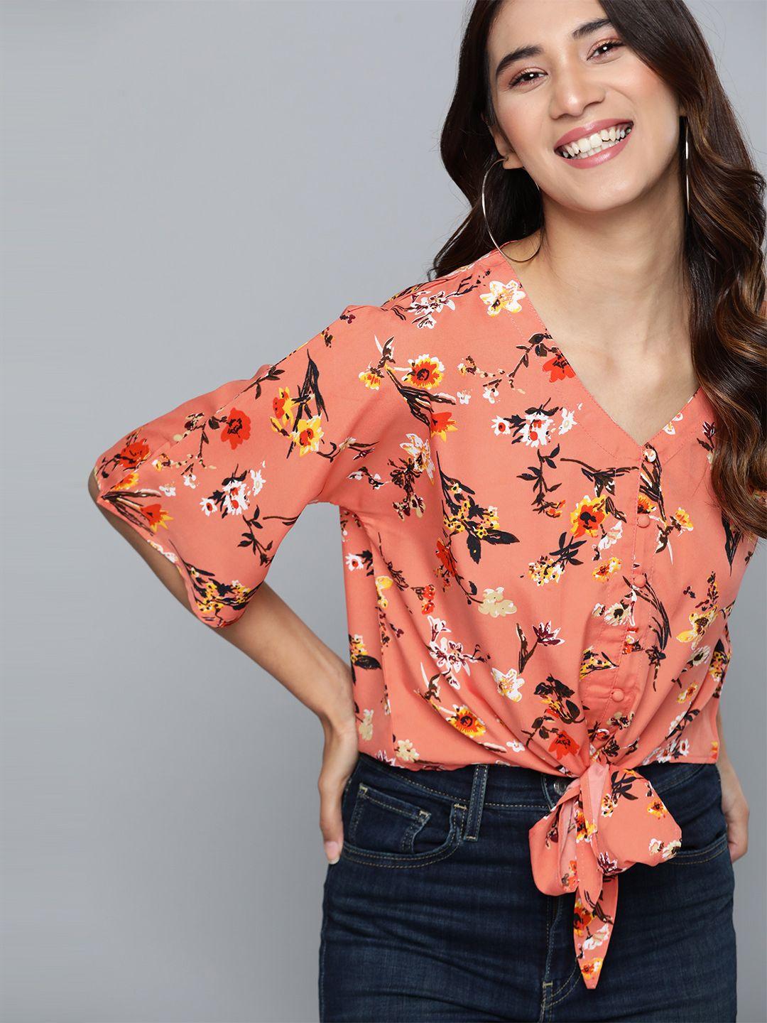 mast & harbour women coral & black floral printed top