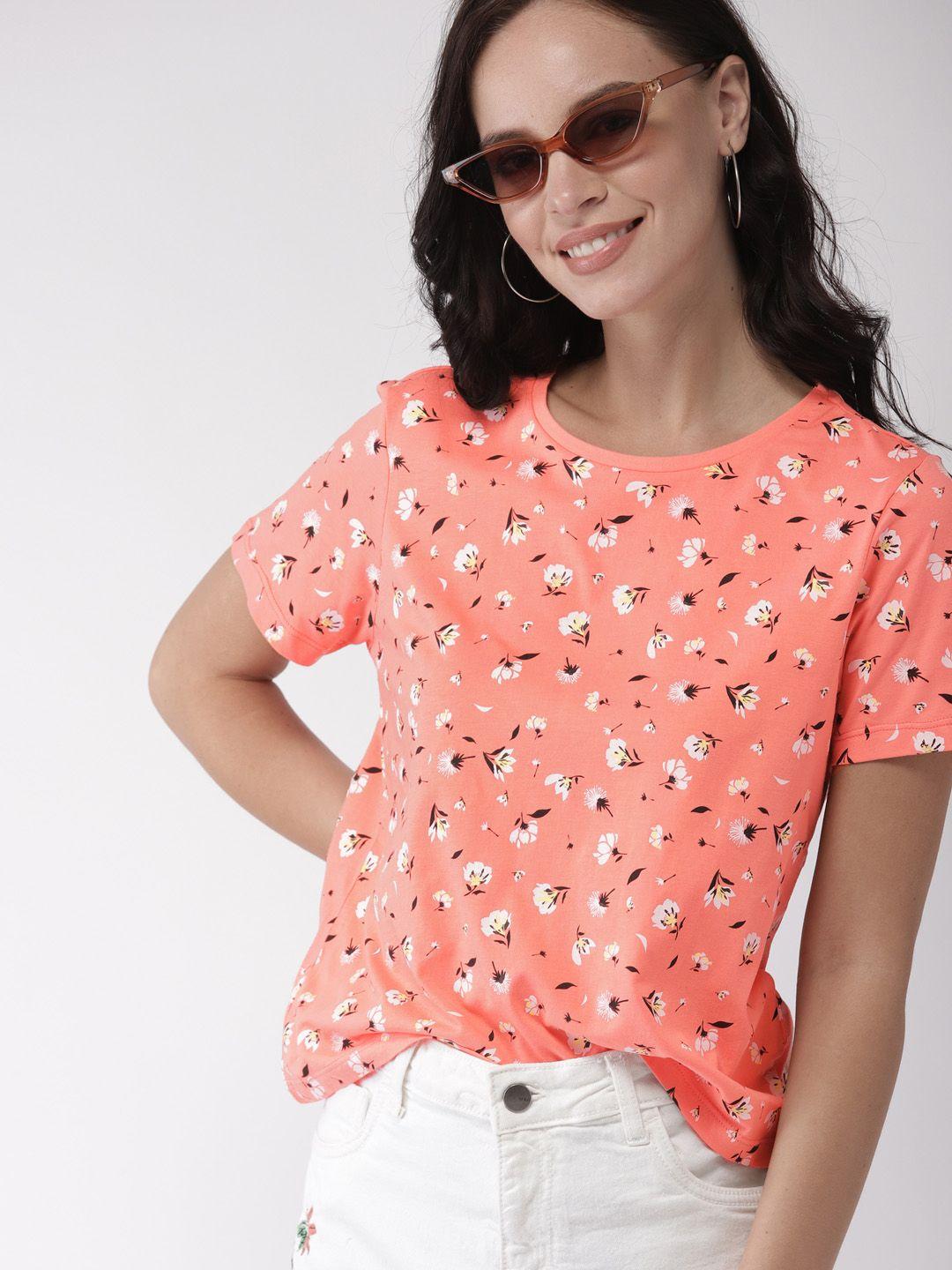 mast & harbour women coral pink printed round neck t-shirt