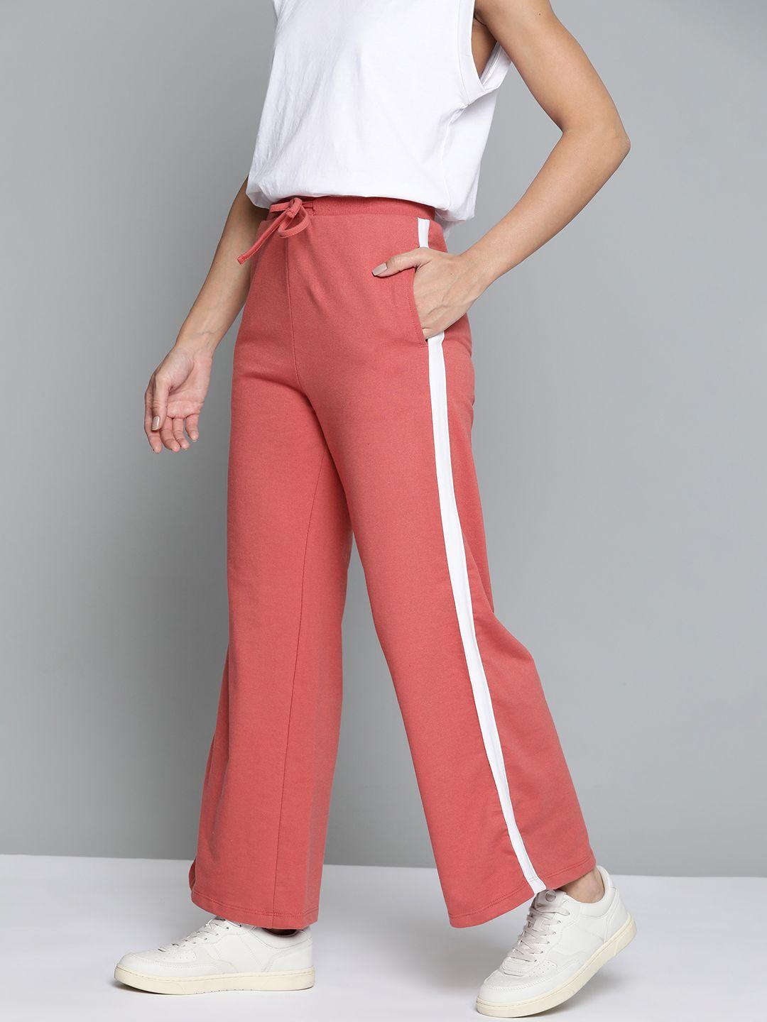 mast & harbour women coral pink solid flared track pants with contrast side panelling