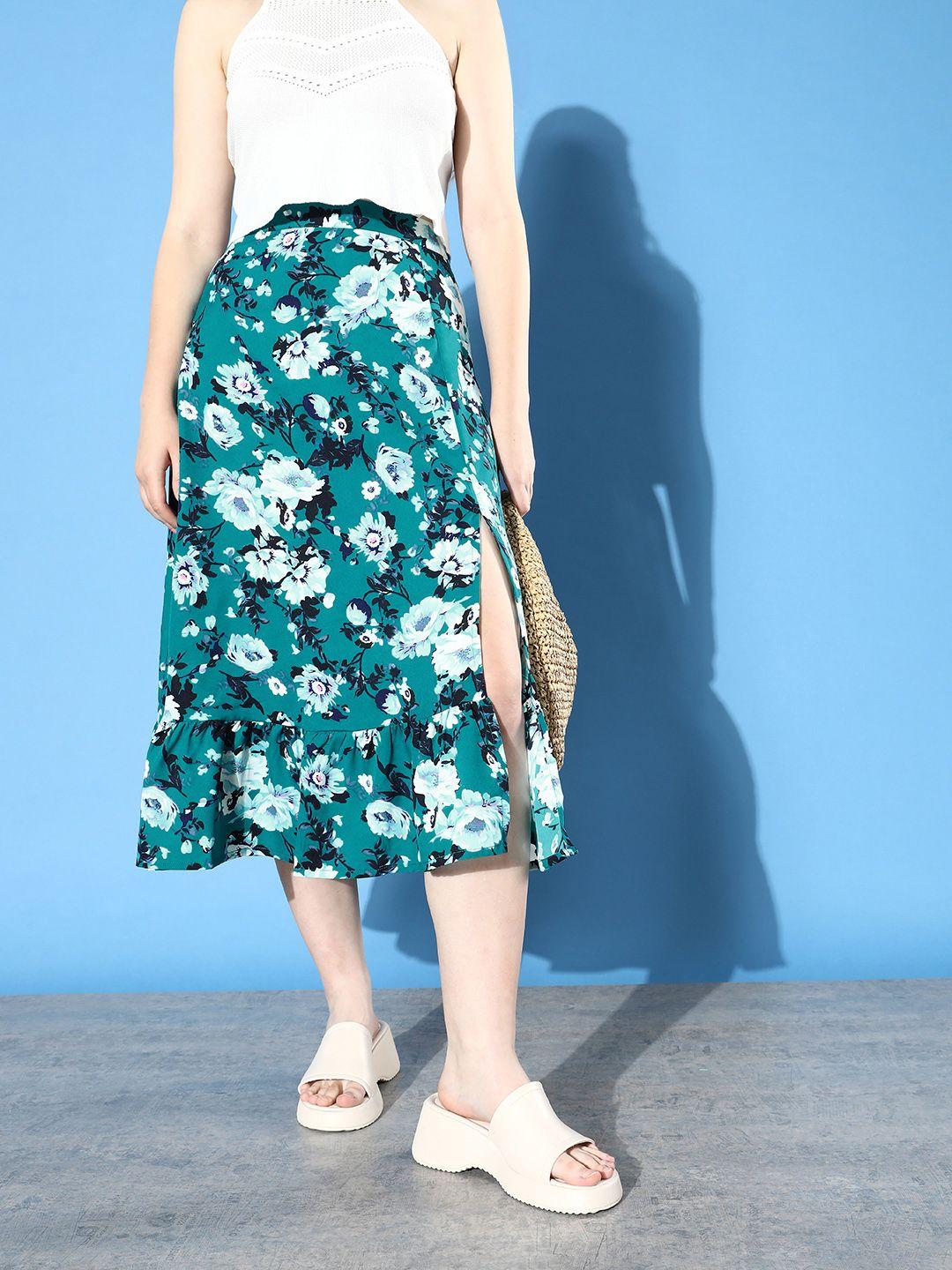 mast & harbour women floral printed a-line midi slit skirt