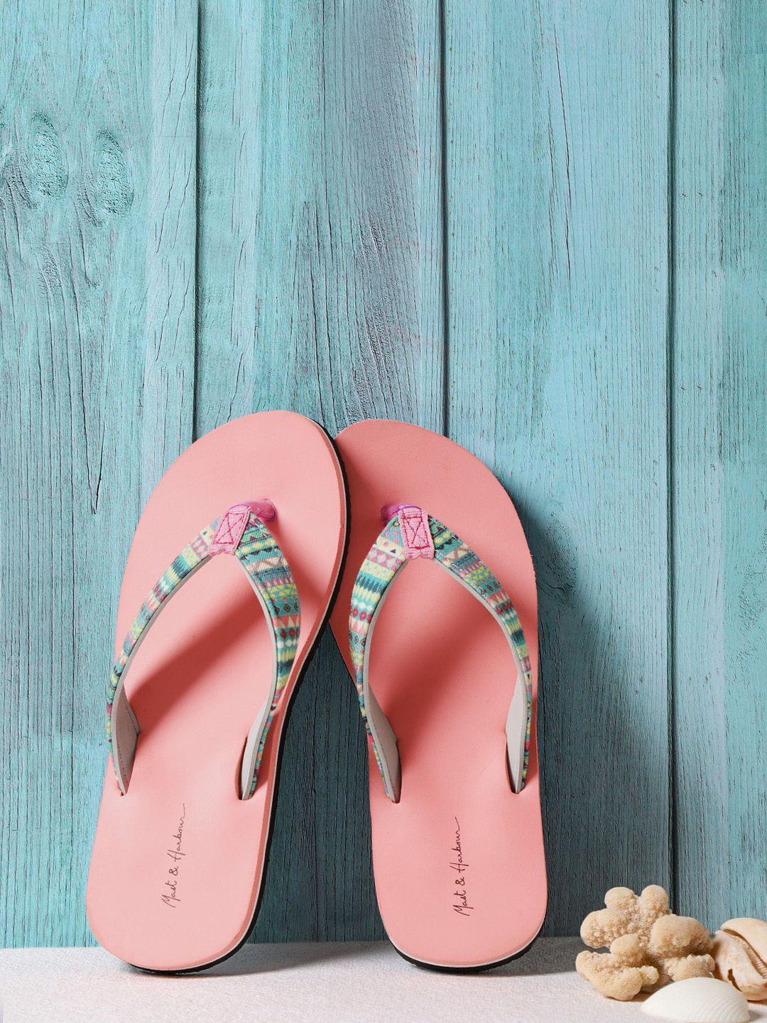 mast & harbour women green & peach-coloured printed thong flip-flops