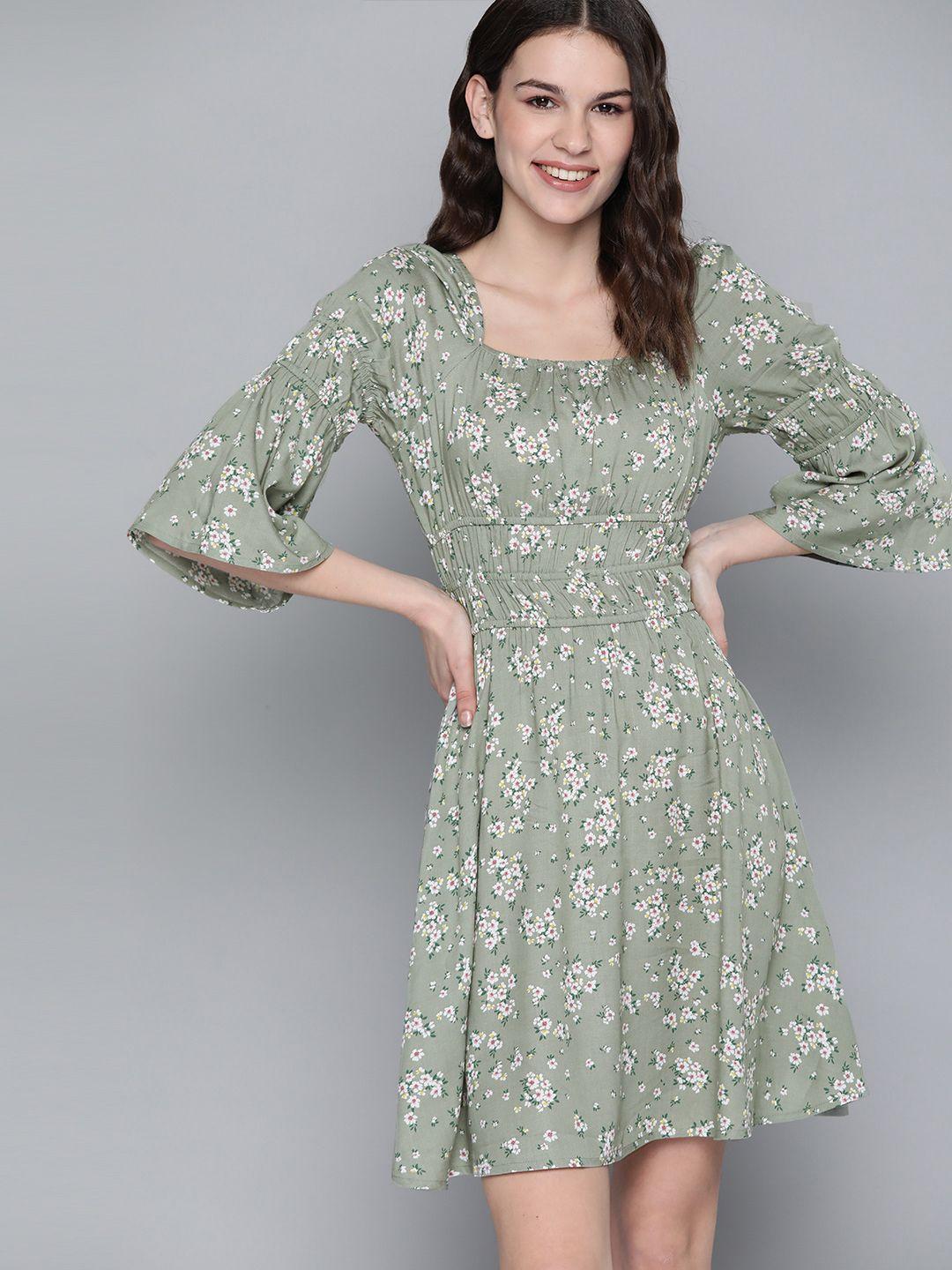 mast & harbour women green & white floral print empire dress