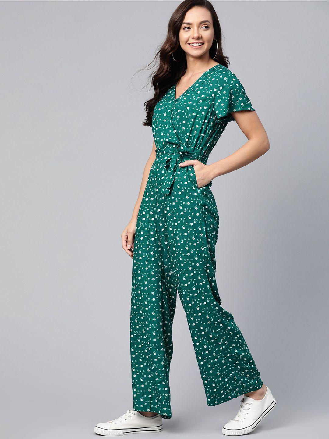 mast & harbour women green & white floral printed basic wrap sustainable jumpsuit