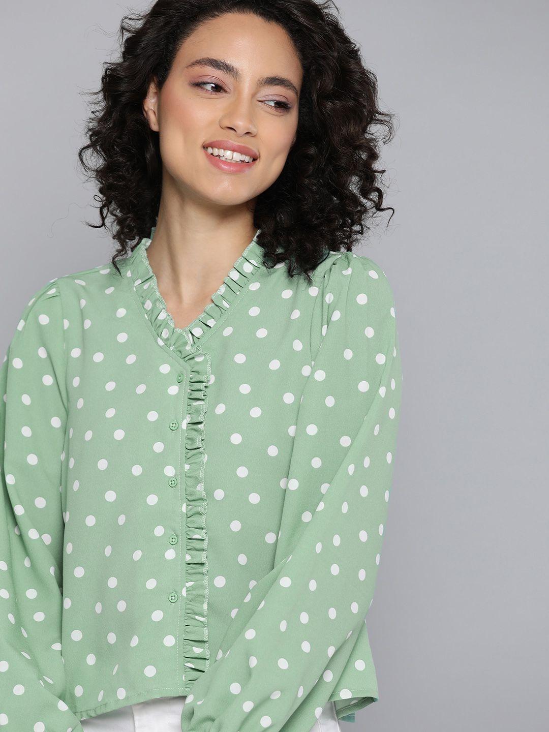 mast & harbour women green & white polka dot print shirt style top