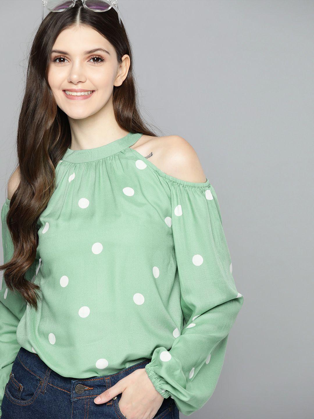 mast & harbour women green & white polka dot printed top