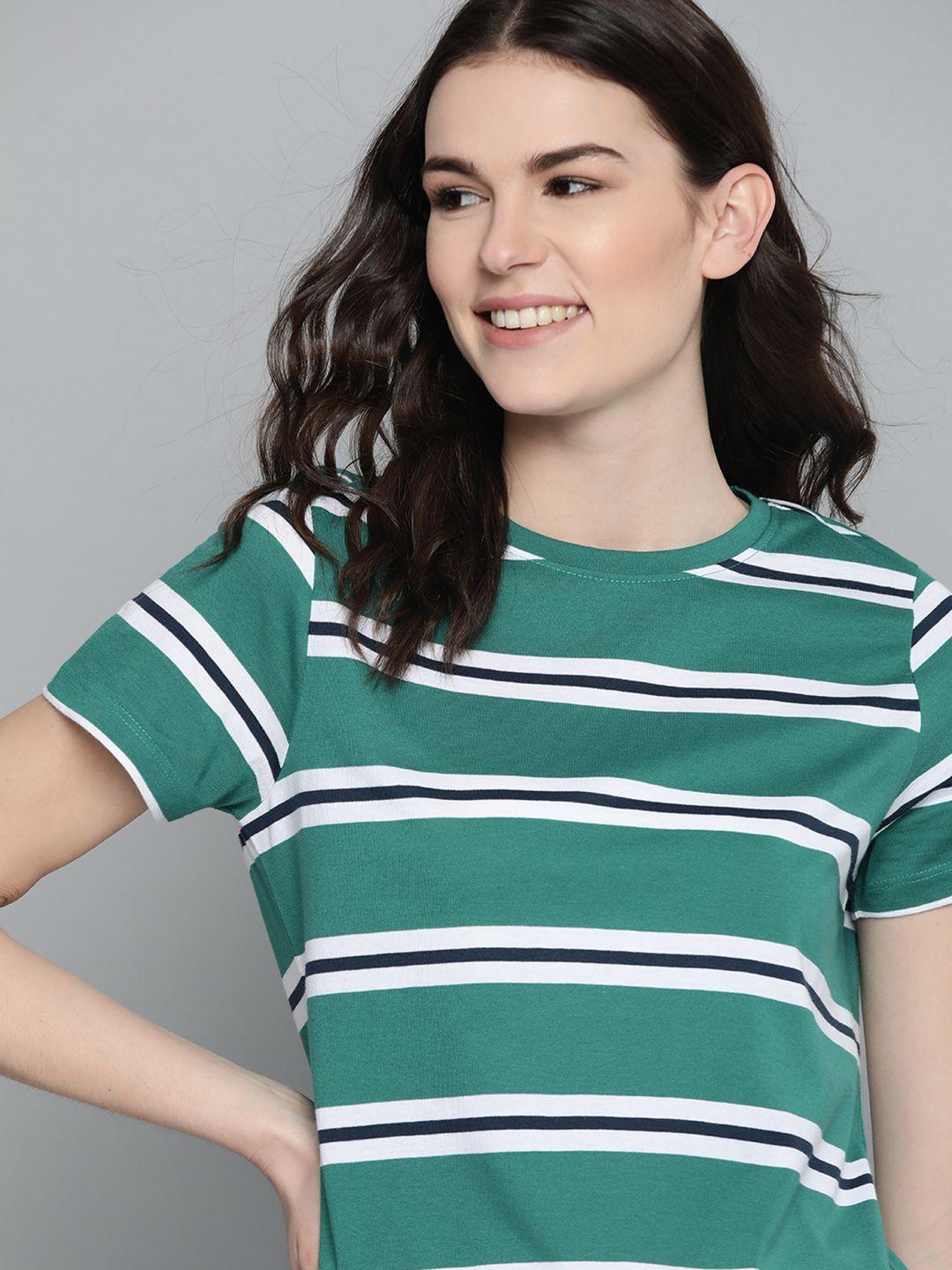 mast & harbour women green & white pure cotton striped round neck t-shirt