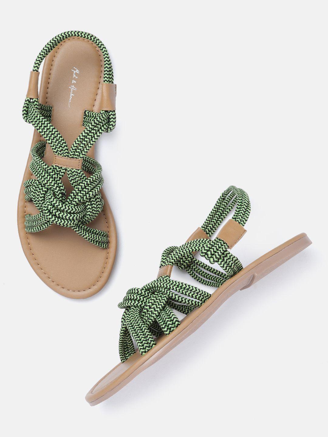 mast & harbour women green & white woven design open toe flats