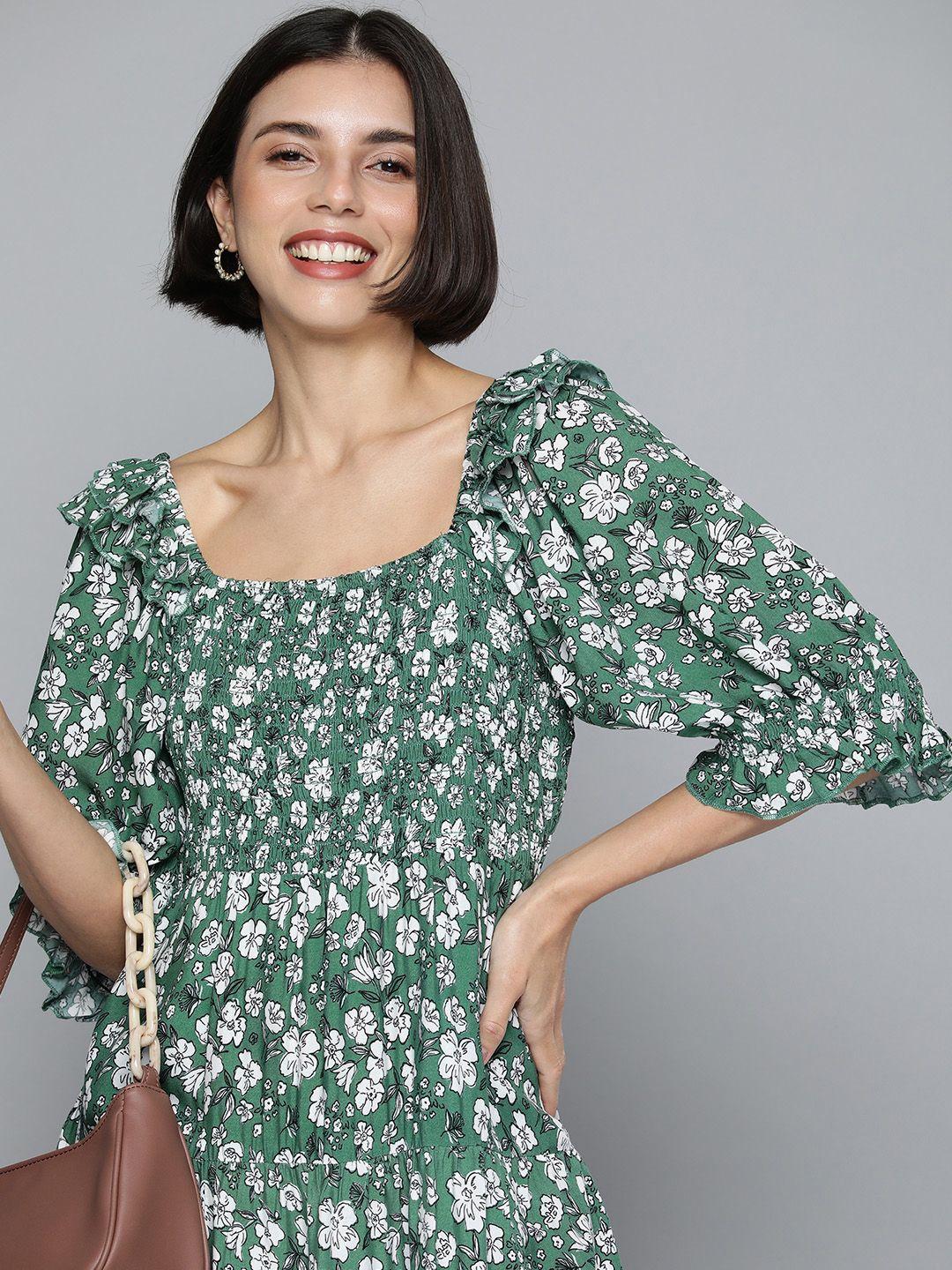 mast & harbour women green floral print tiered a-line midi dress