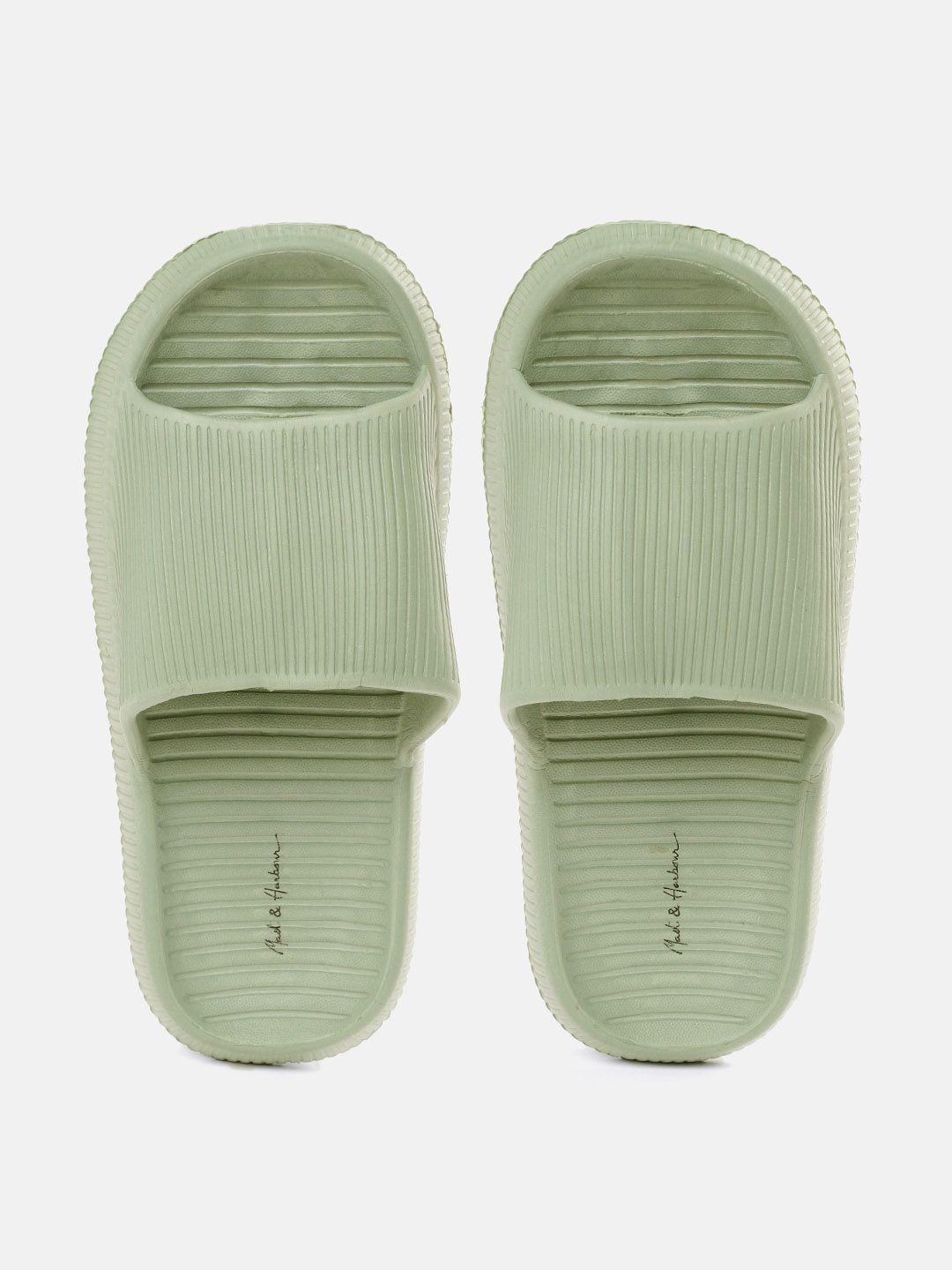 mast & harbour women green self striped sliders