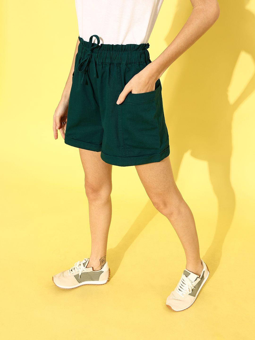 mast & harbour women green solid cinched waist shorts