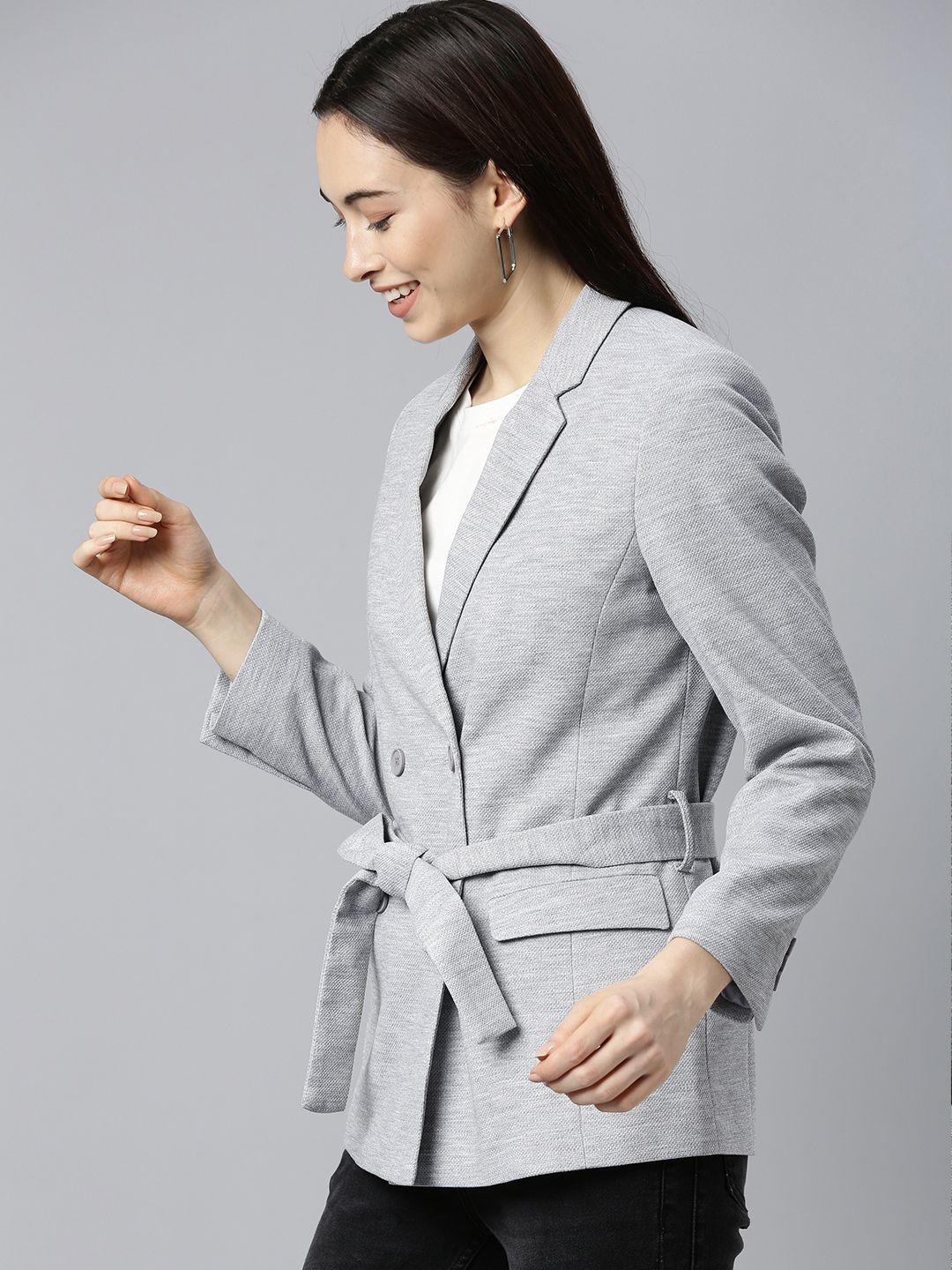 mast & harbour women grey solid double breasted regular fit casual blazer with belt