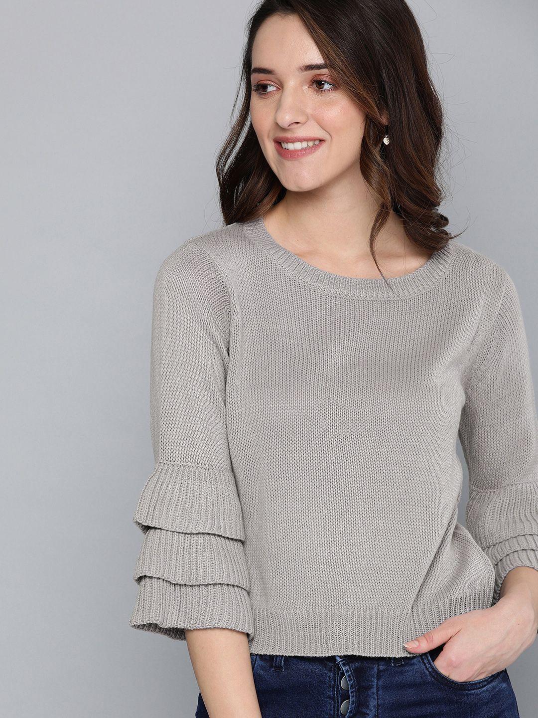 mast & harbour women grey solid semi sheer pullover sweater