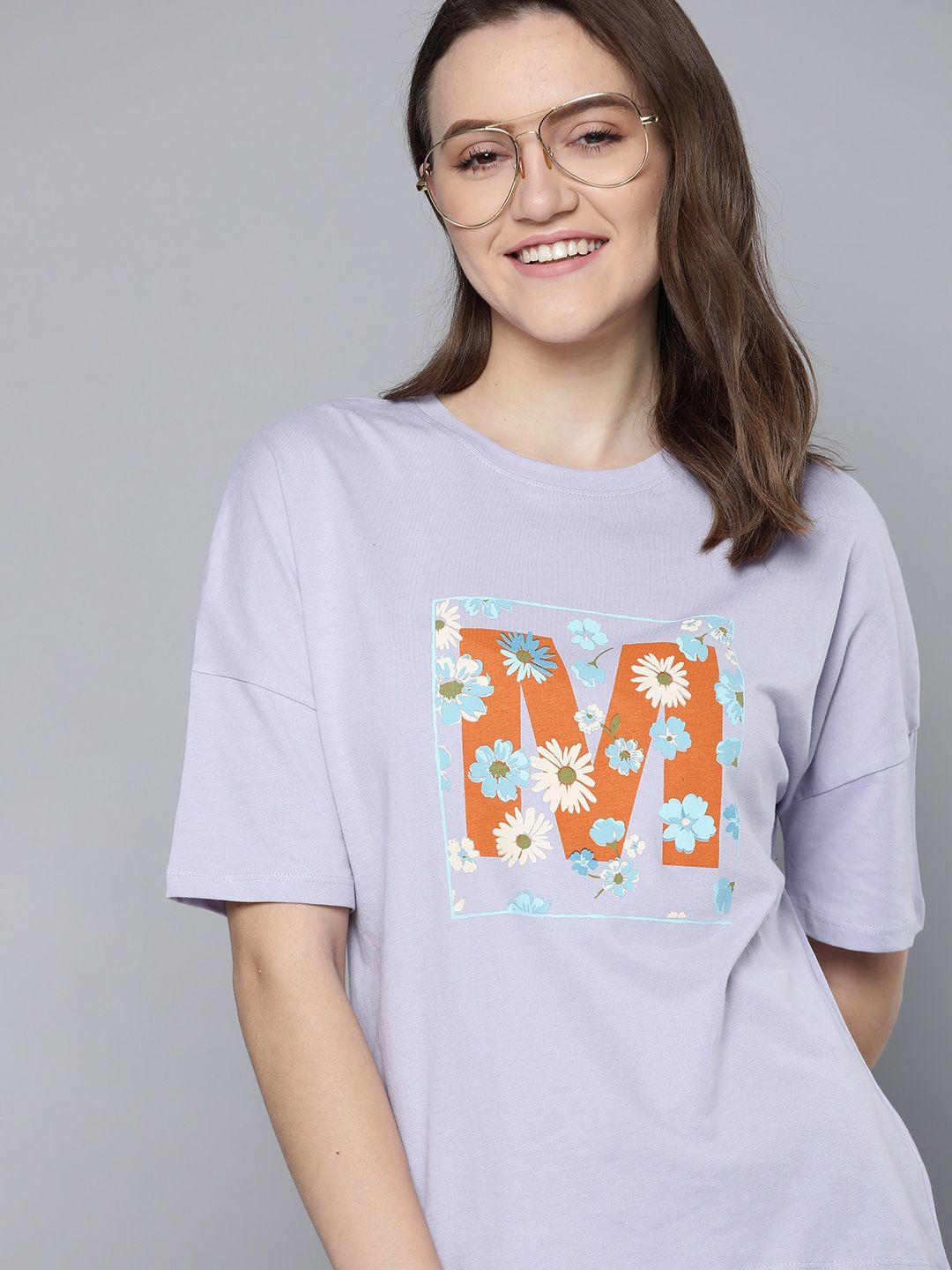 mast & harbour women lavender & rust orange typography printed pure cotton t-shirt