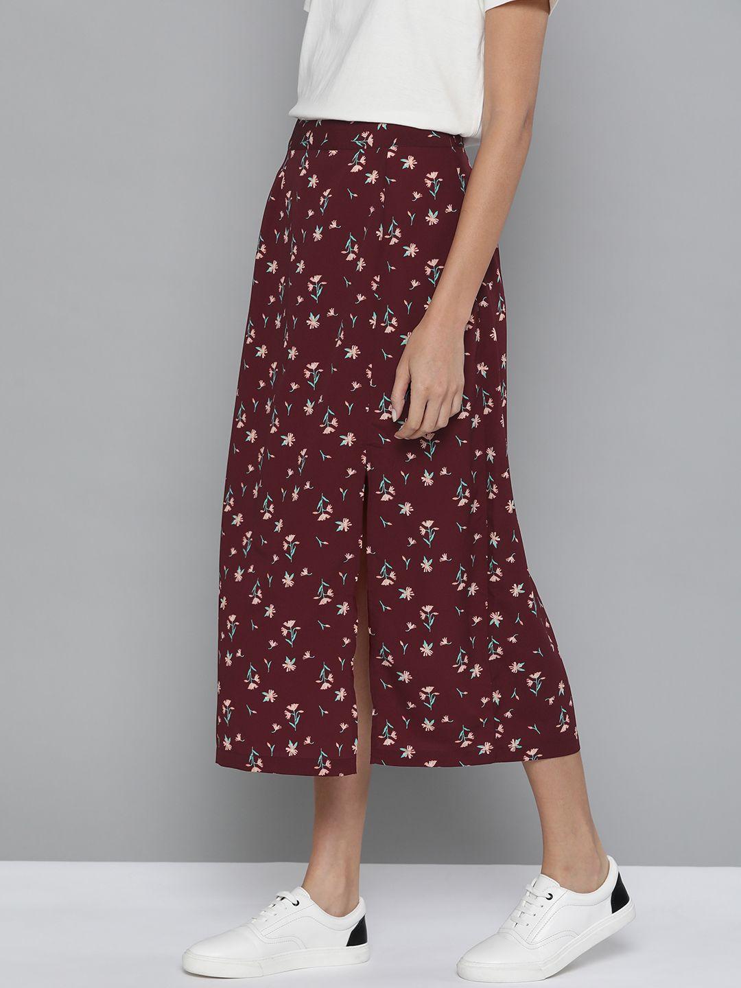 mast & harbour women maroon & peach coloured floral print front slit a-line skirt