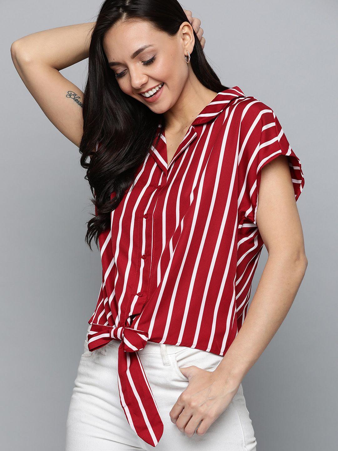 mast & harbour women maroon & white regular fit striped casual shirt