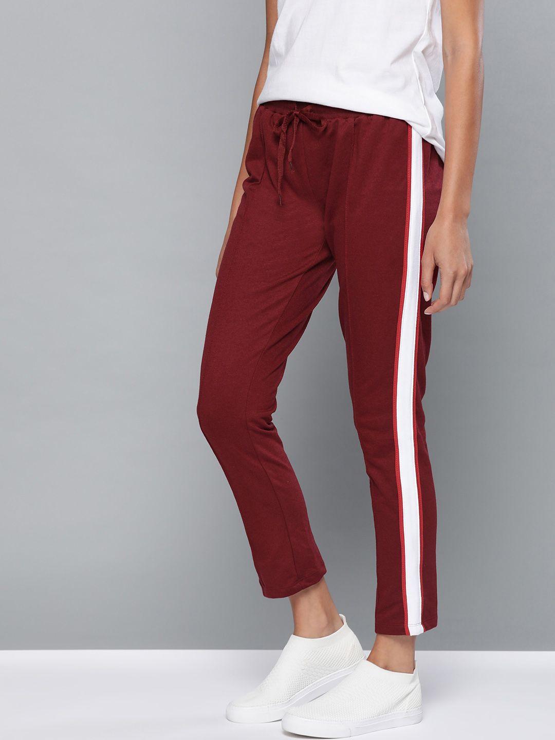 mast & harbour women maroon & white solid track pants with side striped detail