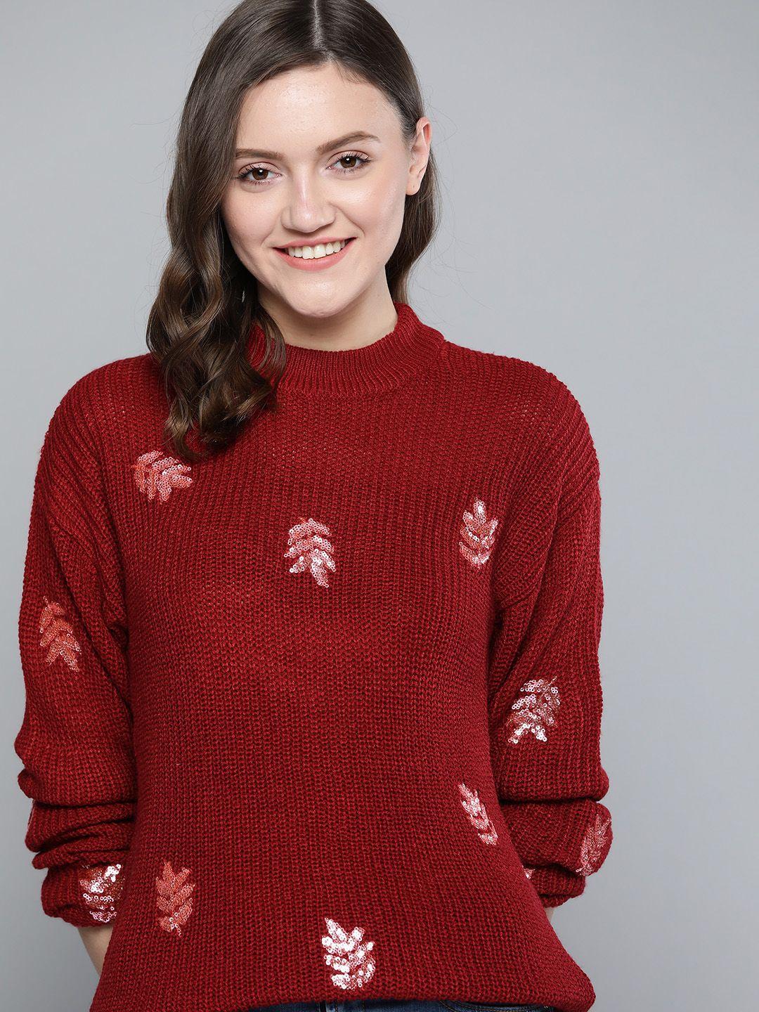 mast & harbour women maroon floral pullover with applique detail
