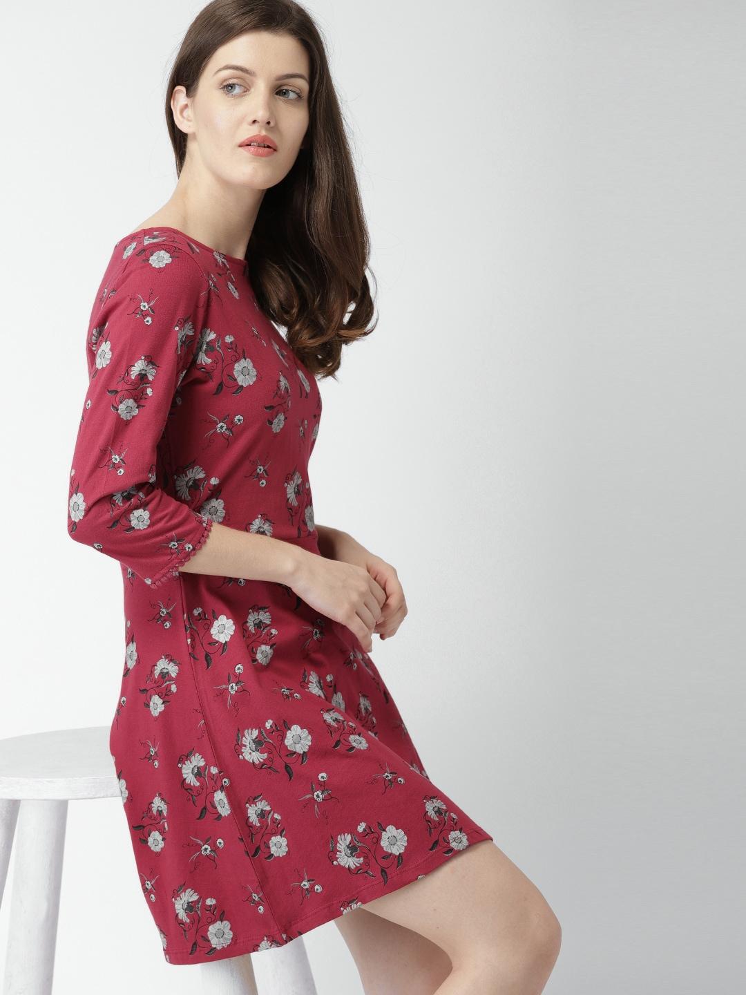 mast & harbour women maroon printed a-line dress