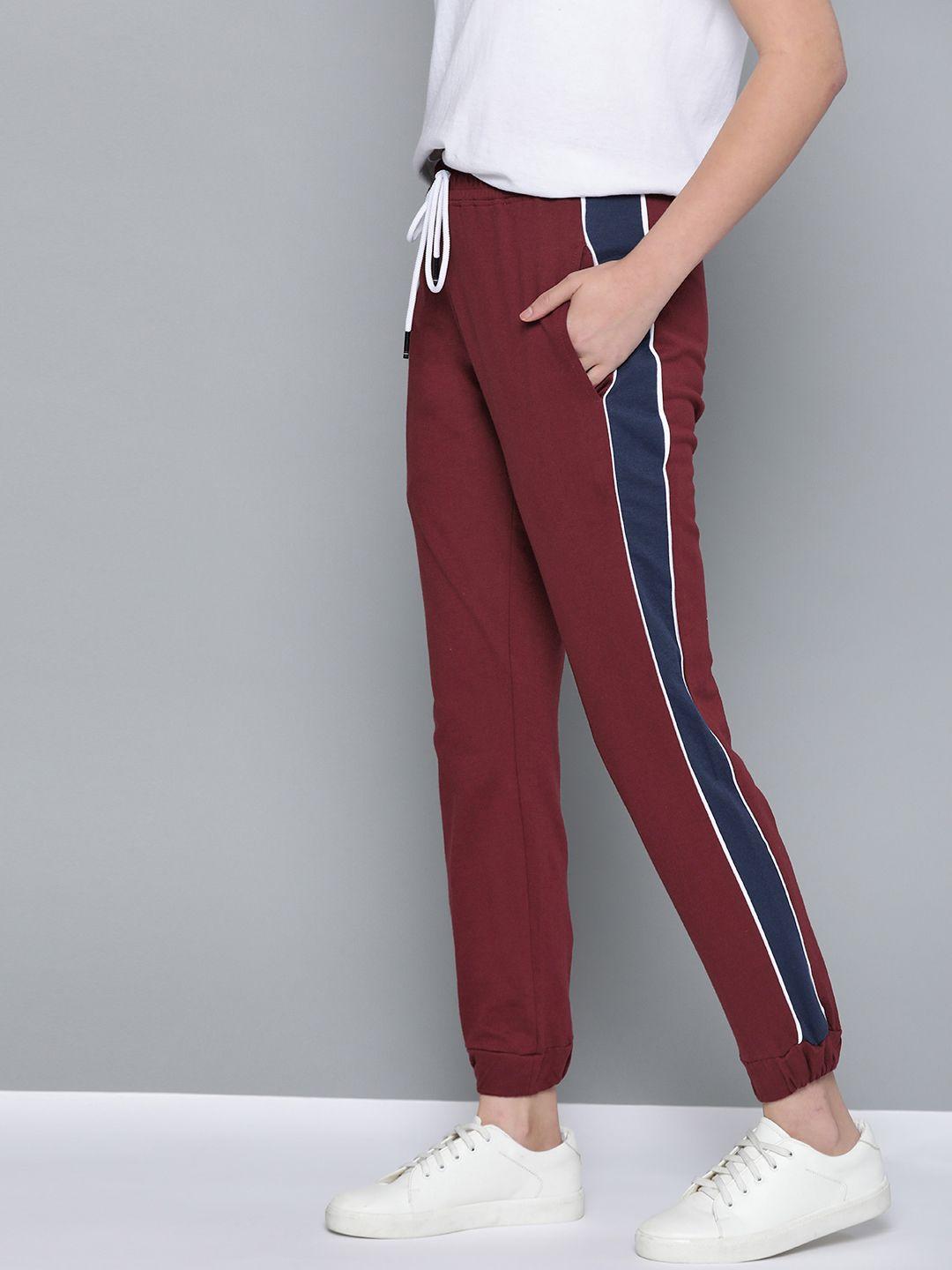 mast & harbour women maroon slim fit solid pure cotton joggers
