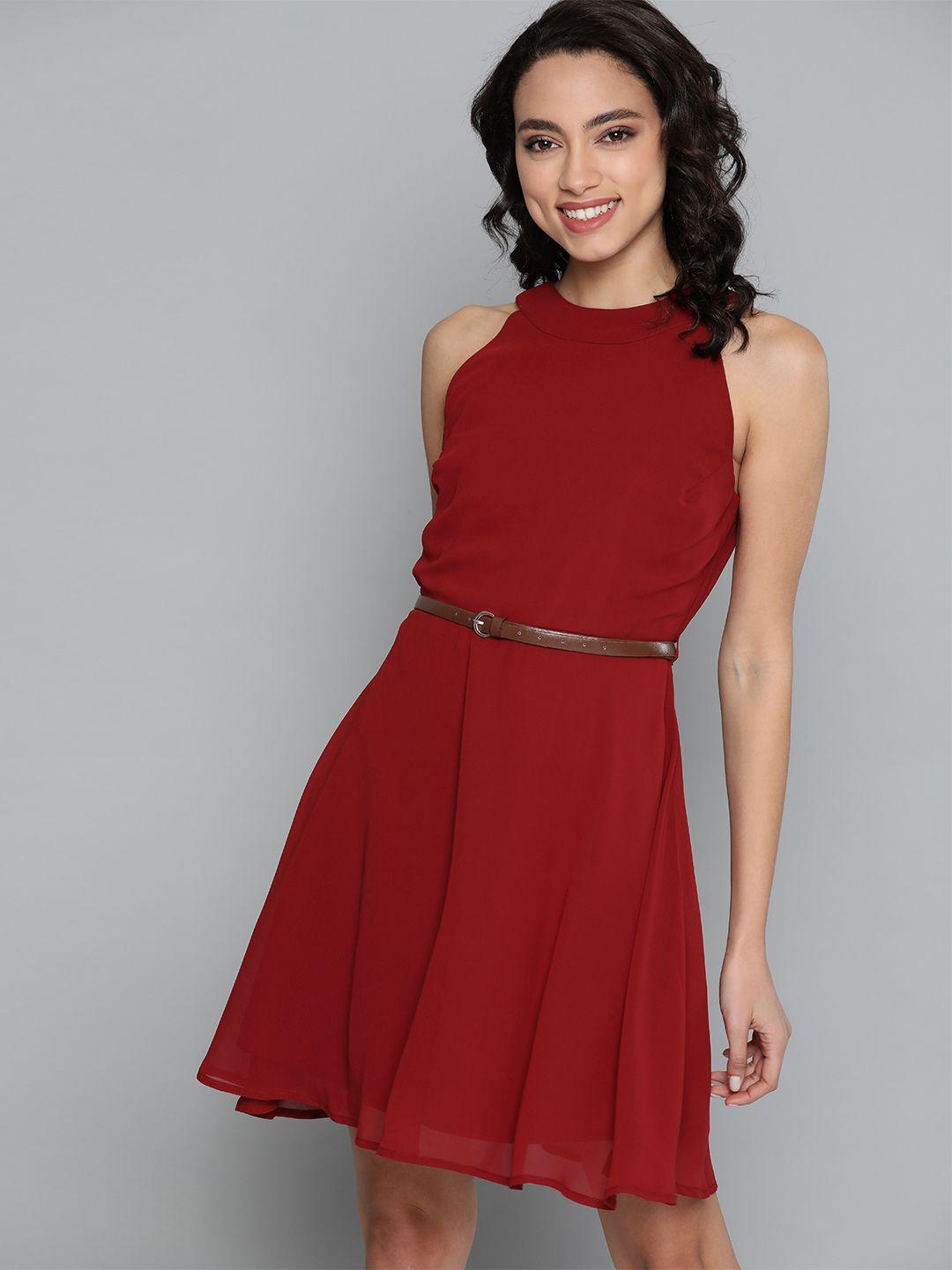mast & harbour women maroon solid fit and flare dress with belt