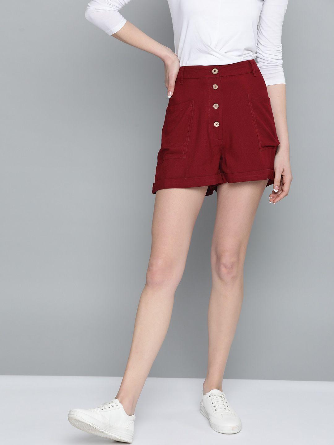 mast & harbour women maroon solid regular fit shorts