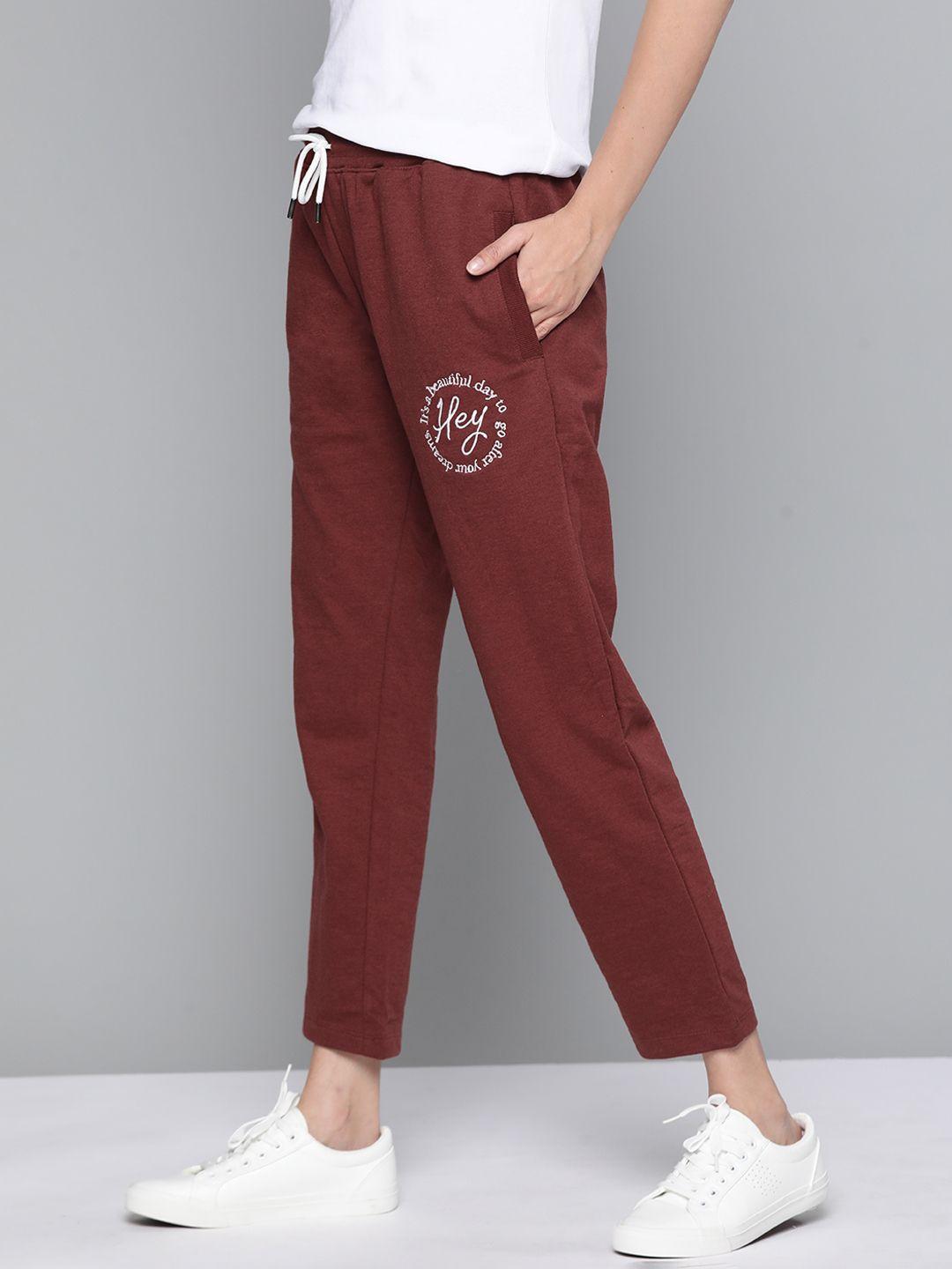 mast & harbour women maroon typography embroidered track pants