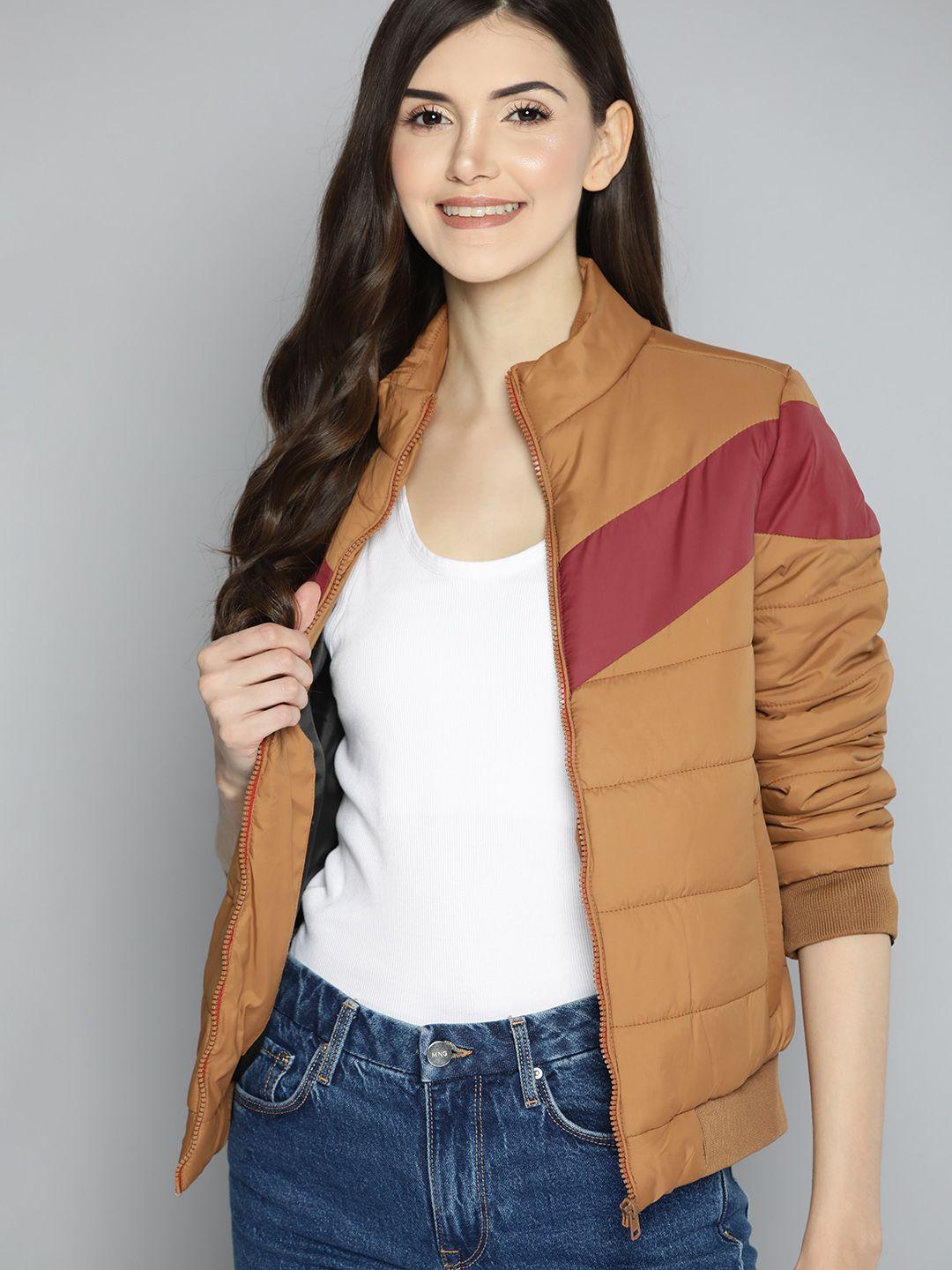 mast & harbour women mustard brown & red striped padded jacket