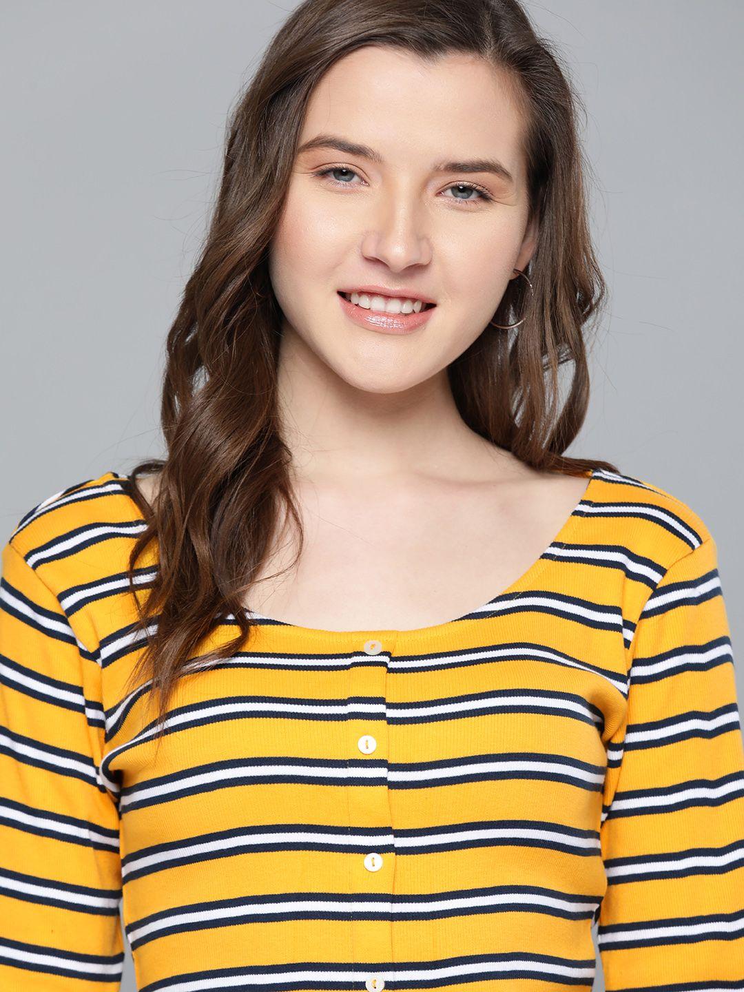 mast & harbour women mustard yellow & navy blue  striped top