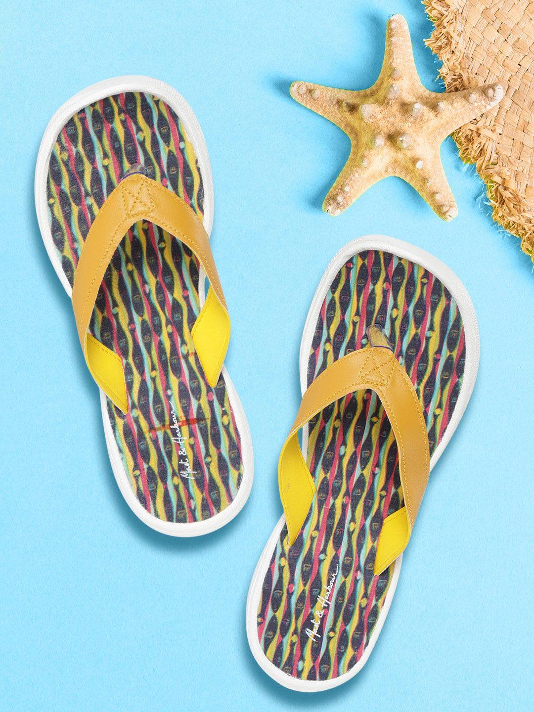 mast & harbour women mustard yellow & navy blue printed thong flip-flops