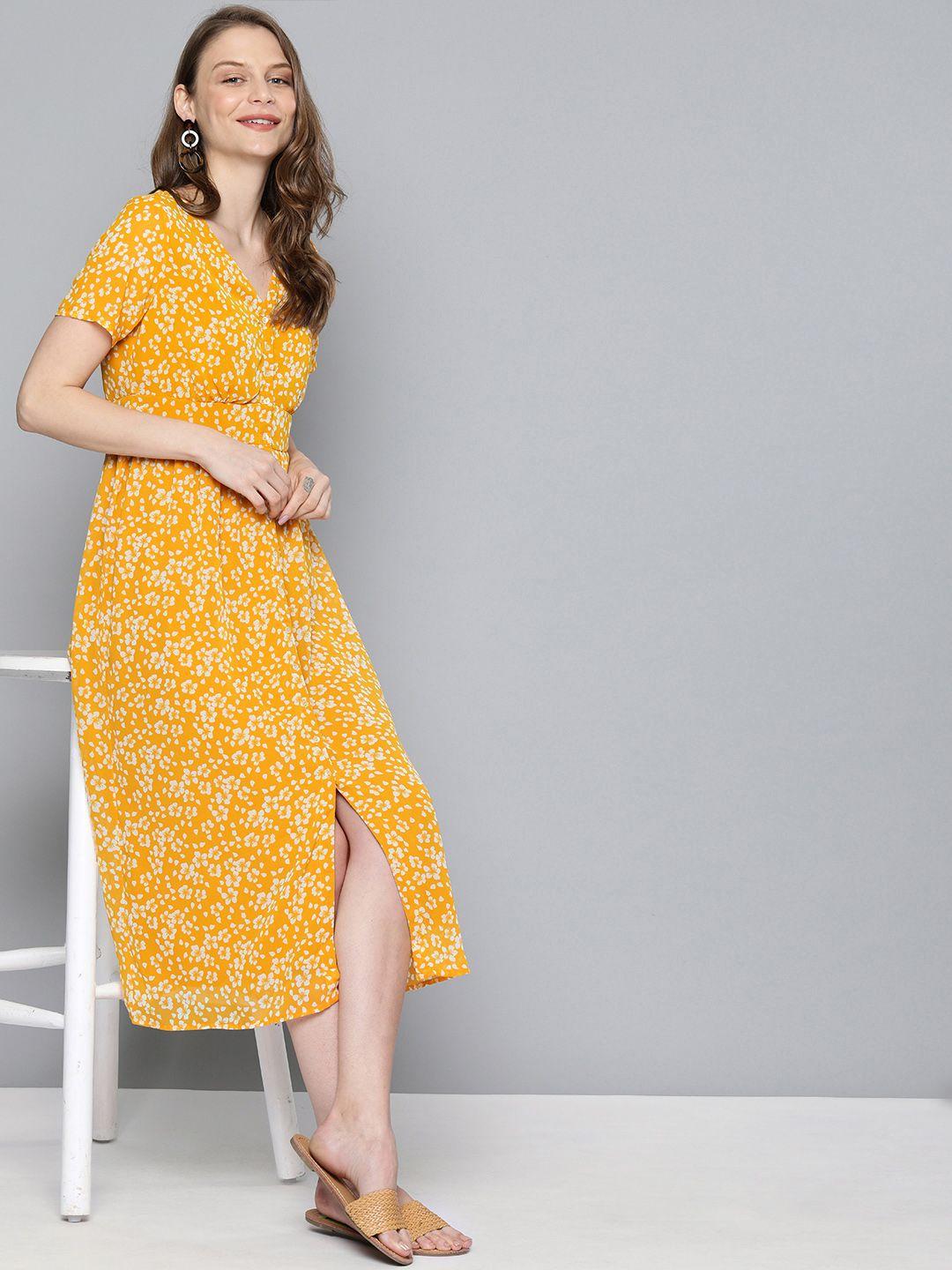 mast & harbour women mustard yellow & off-white floral printed a-line dress