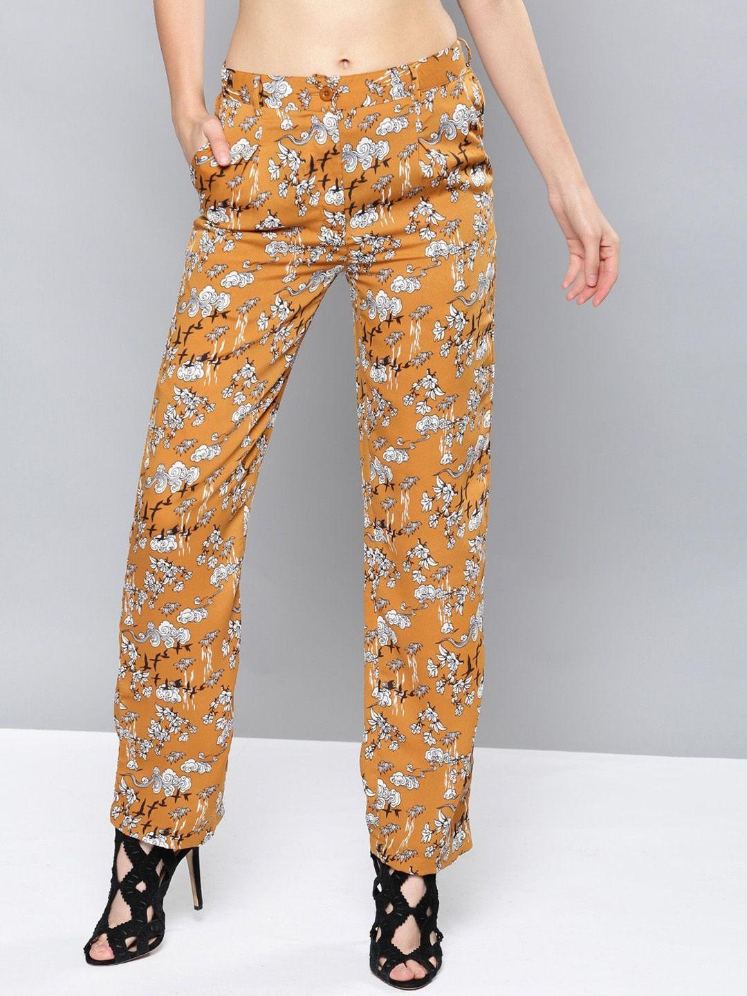 mast & harbour women mustard yellow floral printed relaxed loose fit low-rise pleated trousers