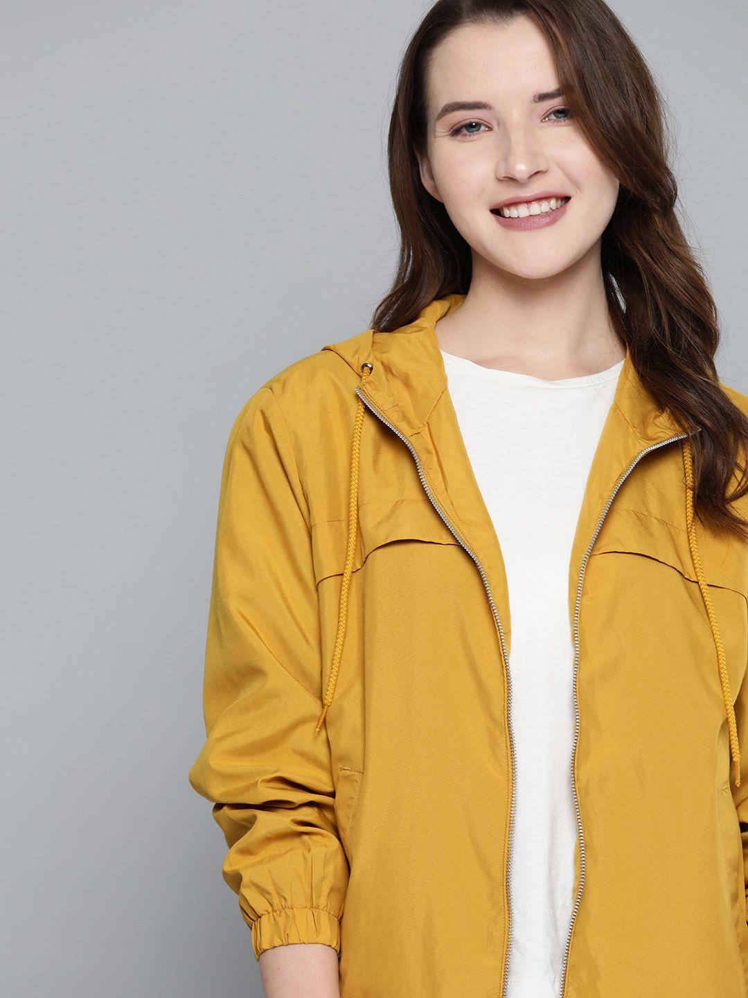 mast & harbour women mustard yellow solid lightweight hooded tailored jacket