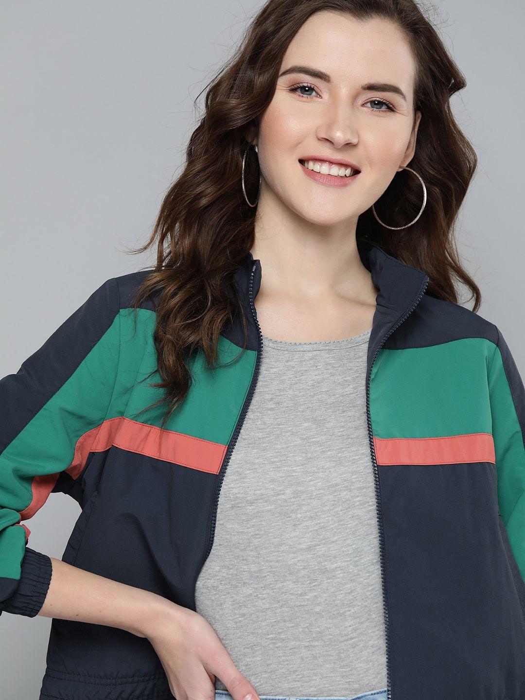 mast & harbour women navy & green striped bomber jacket