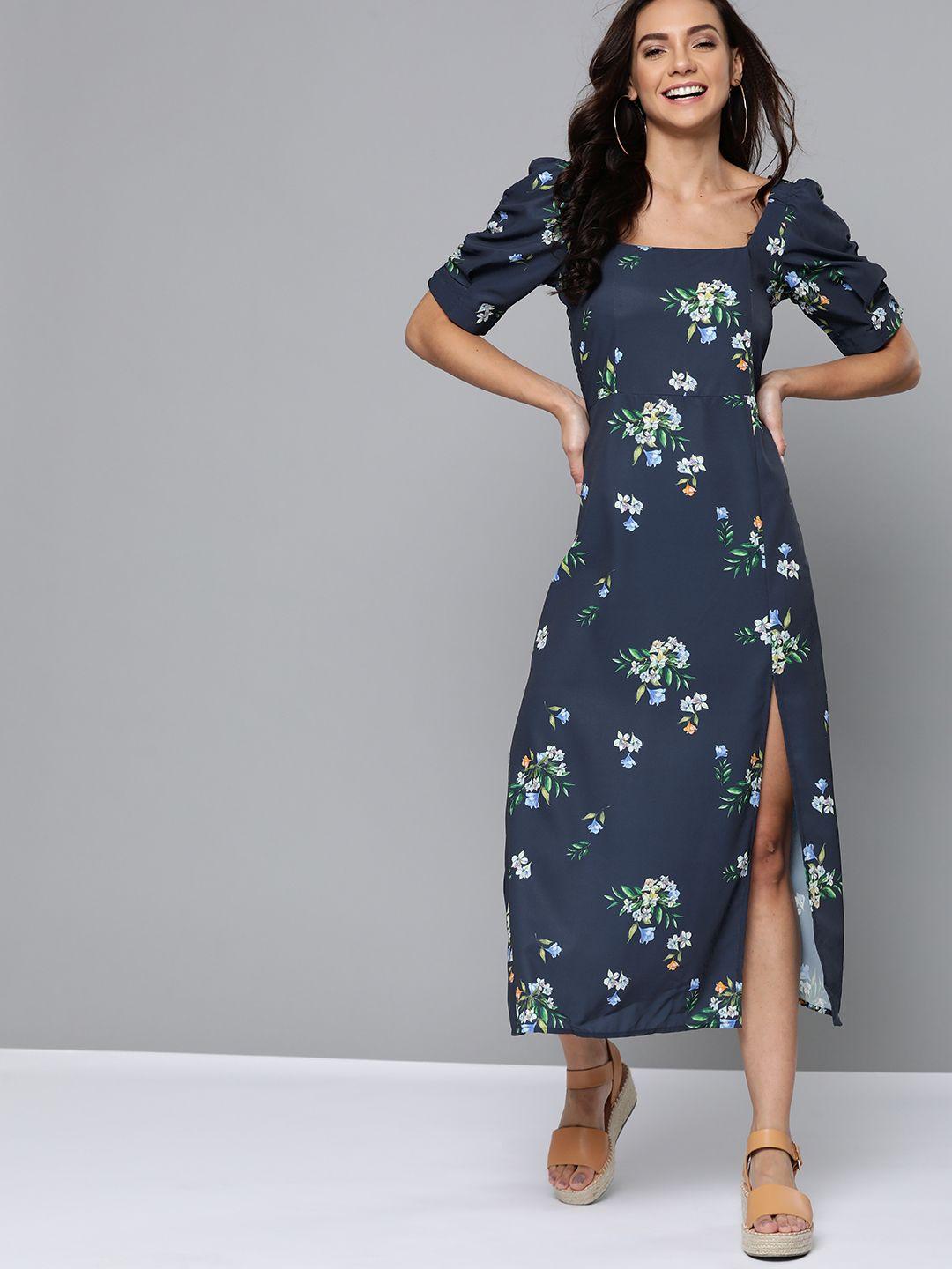 mast & harbour women navy blue & green floral printed a-line dress